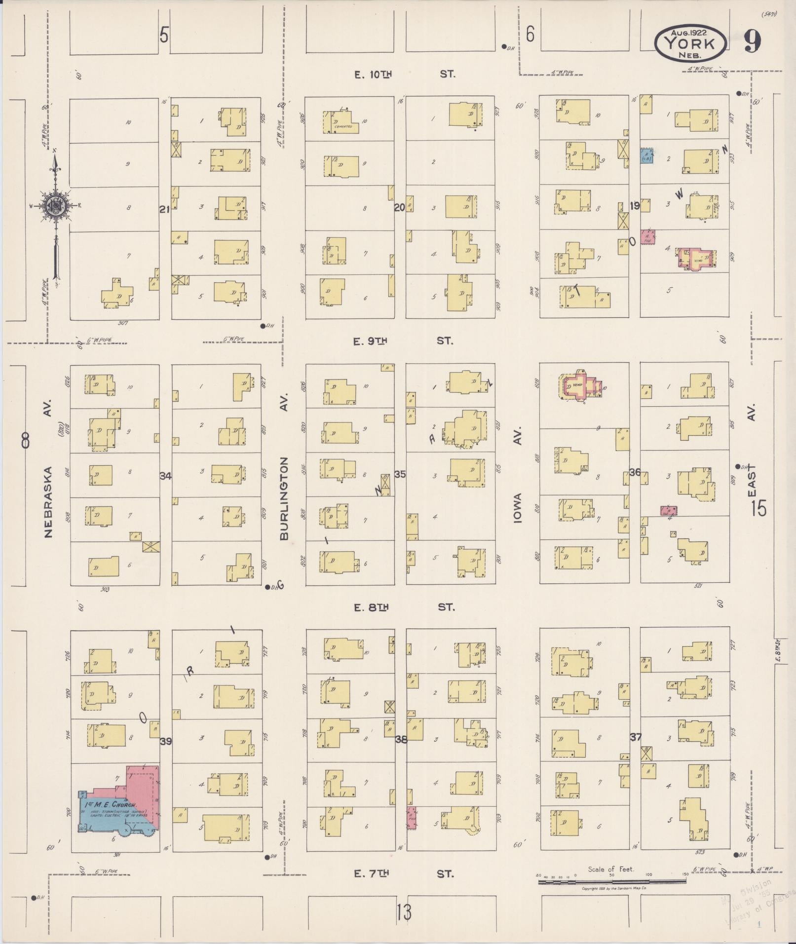 Sanborn Fire Insurance Map from York, York County, Nebraska (1922), Sheet #0009 - Complete Map Set gallery image, historic Sanborn map, vintage wall art, Nebraska Nebraska