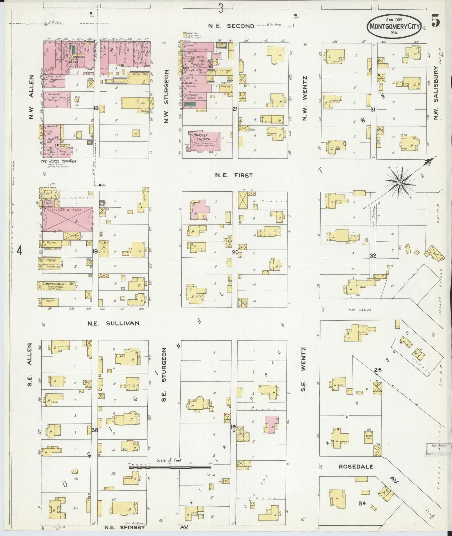 Sanborn Fire Insurance Map from Montgomery City, Montgomery County, Missouri (1909), Sheet #0005 - Complete Map Set gallery image, historic Sanborn map, vintage wall art, Missouri Missouri