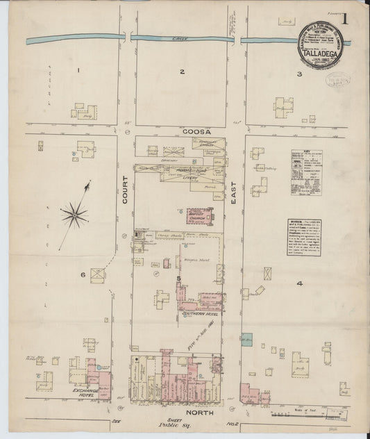 Sanborn Fire Insurance Map from Talladega, Talladega County, Alabama (1885), Sheet #0001 - Complete Map Set gallery image, historic Sanborn map, vintage wall art, Alabama Alabama