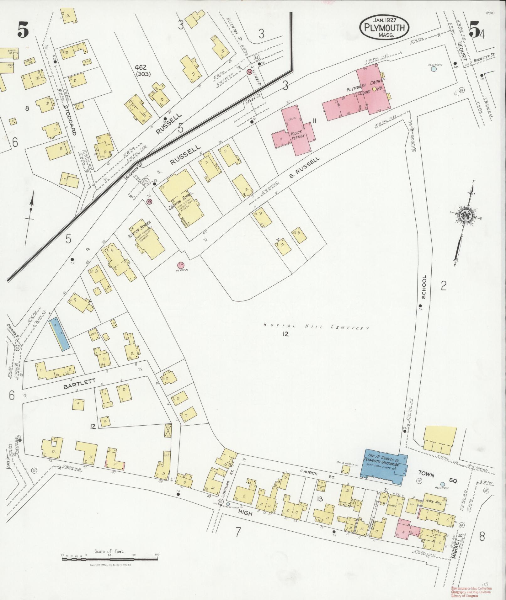 Sanborn Fire Insurance Map from Plymouth, Plymouth County, Massachusetts (1927), Sheet #0005 - Historic Sanborn Fire Insurance Map Print, vintage old map wall art, antique decor, genealogy gift, Massachusetts Massachusetts map