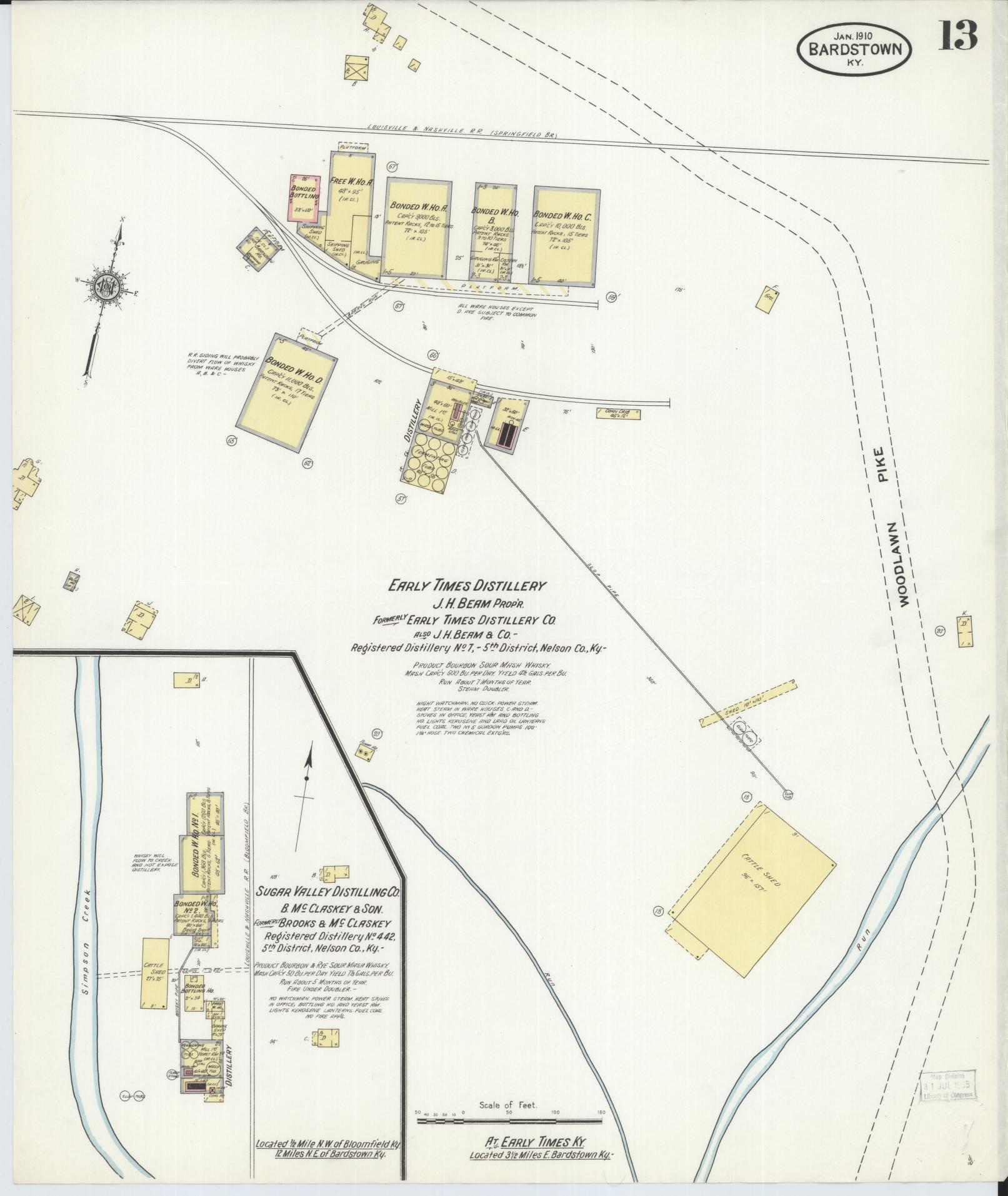 Sanborn Fire Insurance Map from Bardstown, Nelson County, Kentucky (1910), Sheet #0013 - Complete Map Set gallery image, historic Sanborn map, vintage wall art, Kentucky Kentucky