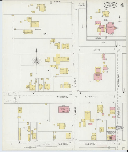 Sanborn Fire Insurance Map from Jackson, Hinds County, Mississippi (1895), Sheet #0004 - Historic Sanborn Fire Insurance Map Print, vintage old map wall art, antique decor, genealogy gift, Mississippi Mississippi map