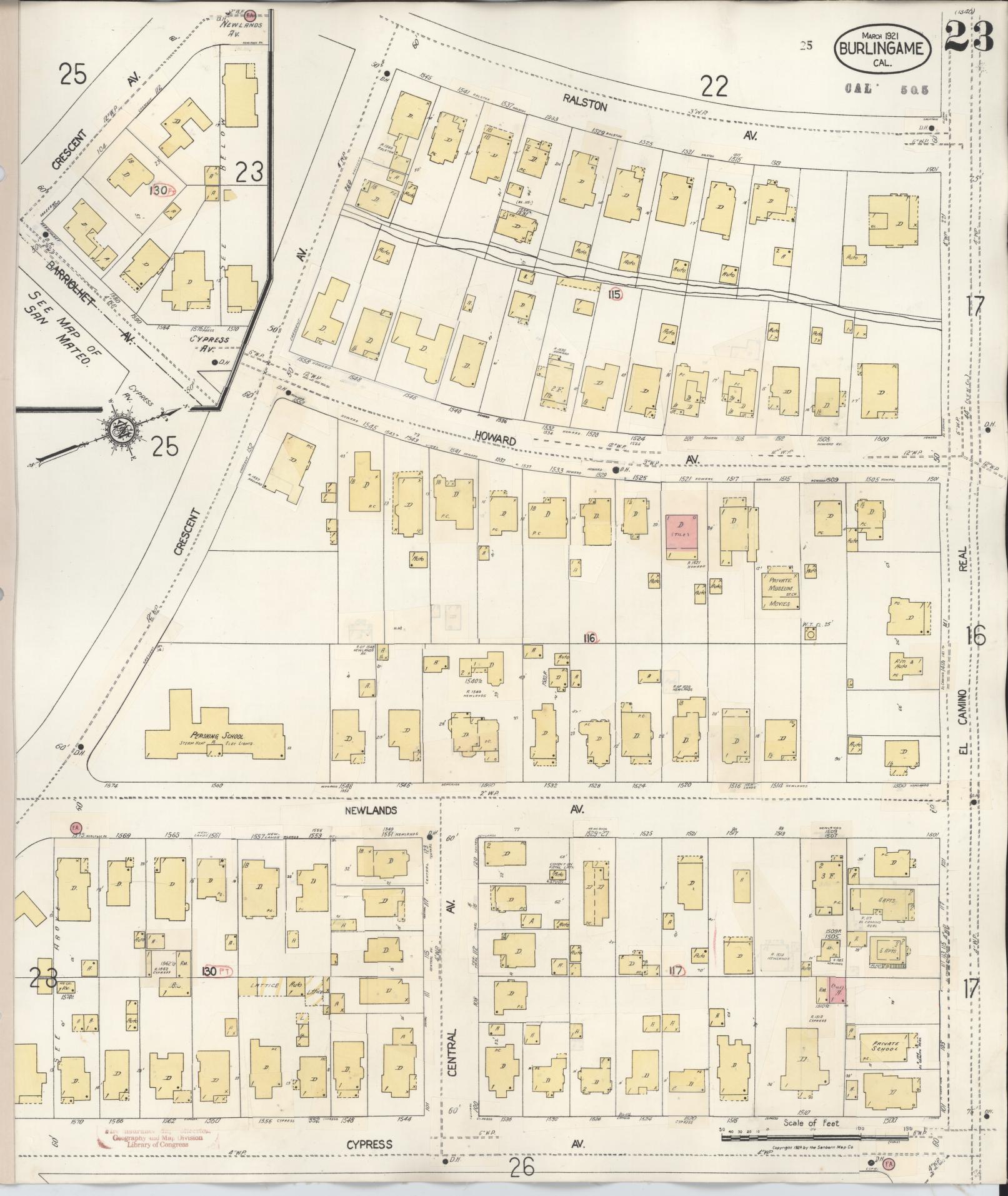Sanborn Fire Insurance Map from Burlingame, San Mateo County, California (1949), Sheet #0023 - Complete Map Set gallery image, historic Sanborn map, vintage wall art, California California