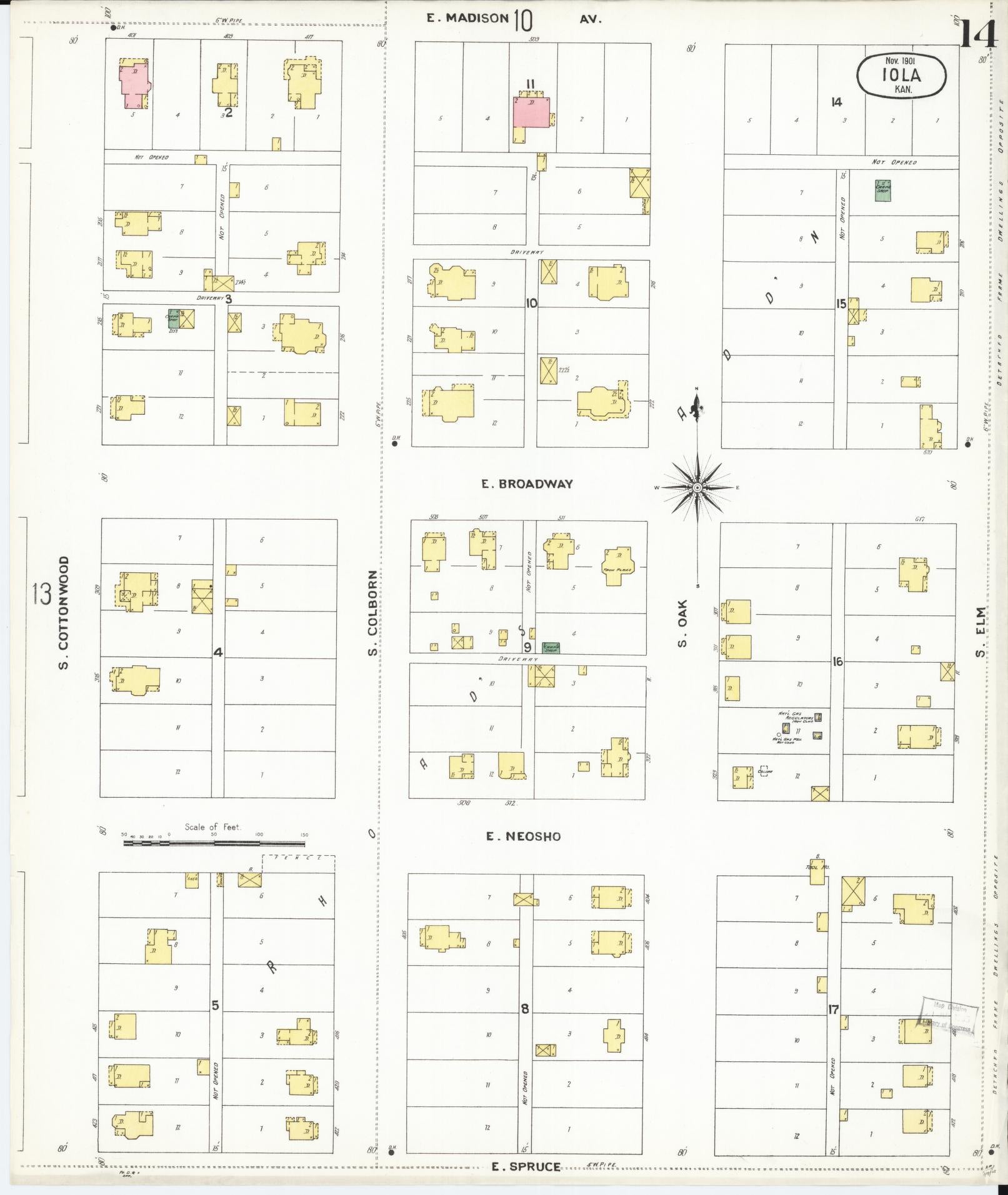 Sanborn Fire Insurance Map from Iola, Allen County, Kansas (1901), Sheet #0014 - Complete Map Set gallery image, historic Sanborn map, vintage wall art, Kansas Kansas