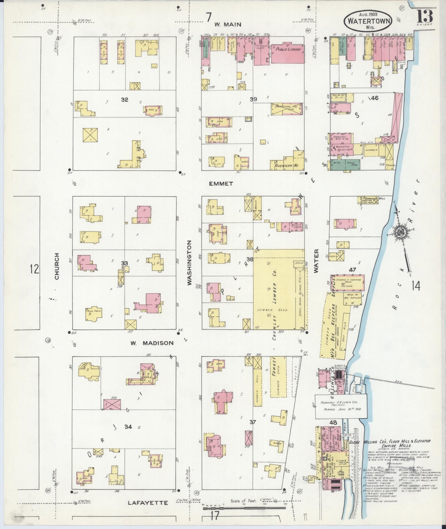 Sanborn Fire Insurance Map from Watertown, Jefferson County, Wisconsin (1909), Sheet #0013 - Historic Sanborn Fire Insurance Map Print, vintage old map wall art, antique decor, genealogy gift, Wisconsin Wisconsin map