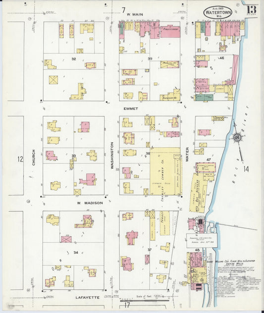 Sanborn Fire Insurance Map from Watertown, Jefferson County, Wisconsin (1909), Sheet #0013 - Historic Sanborn Fire Insurance Map Print, vintage old map wall art, antique decor, genealogy gift, Wisconsin Wisconsin map