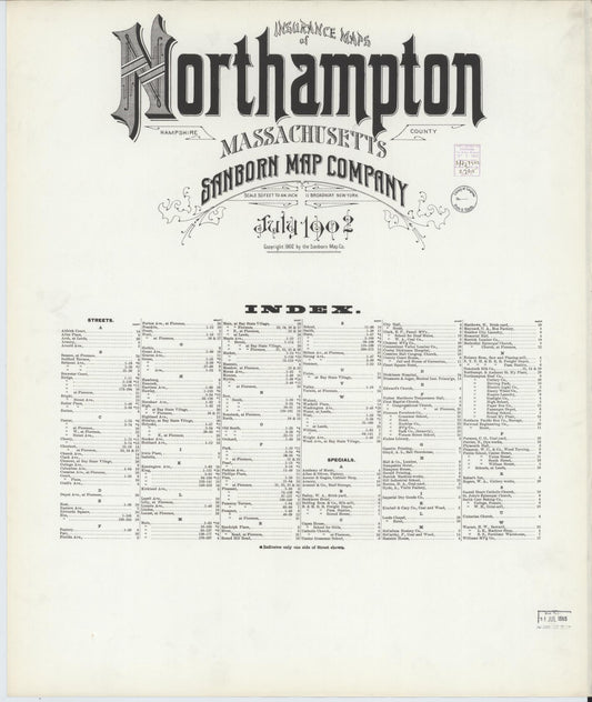 Sanborn Fire Insurance Map from Northampton, Hampshire County, Massachusetts (1902), Sheet #0001 - Historic Sanborn Fire Insurance Map Print, vintage old map wall art, antique decor, genealogy gift, Massachusetts Massachusetts map