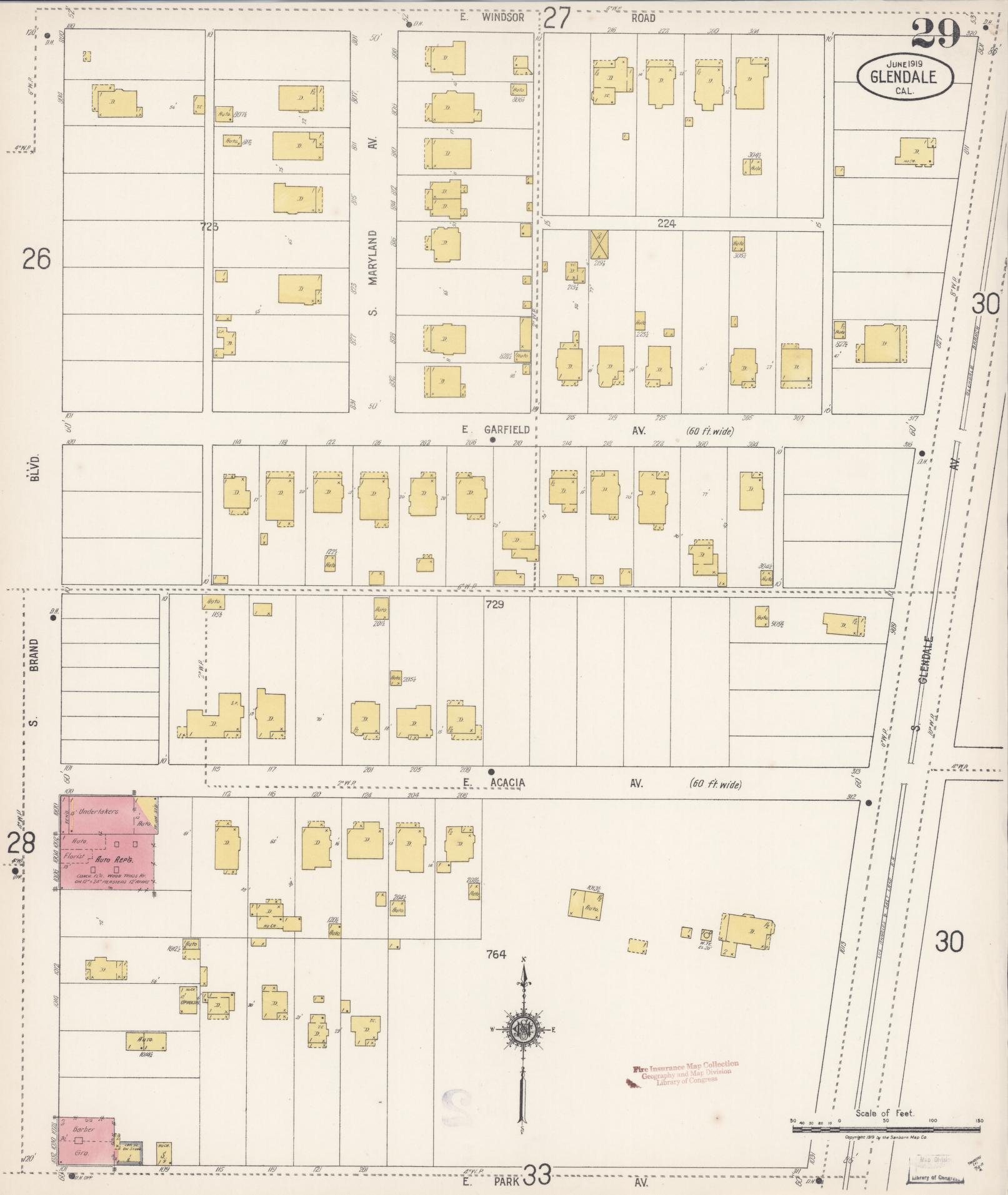 Sanborn Fire Insurance Map from Glendale, Los Angeles County, California (1919), Sheet #0029 - Historic Sanborn Fire Insurance Map Print, vintage old map wall art, antique decor, genealogy gift, California California map
