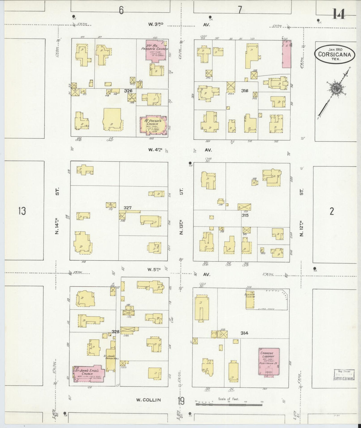 Sanborn Fire Insurance Map from Corsicana, Navarro County, Texas (1910), Sheet #0014 - Complete Map Set gallery image, historic Sanborn map, vintage wall art, Texas Texas