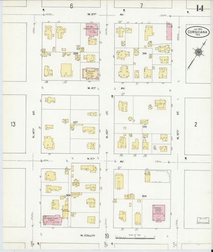 Sanborn Fire Insurance Map from Corsicana, Navarro County, Texas (1910), Sheet #0014 - Complete Map Set gallery image, historic Sanborn map, vintage wall art, Texas Texas