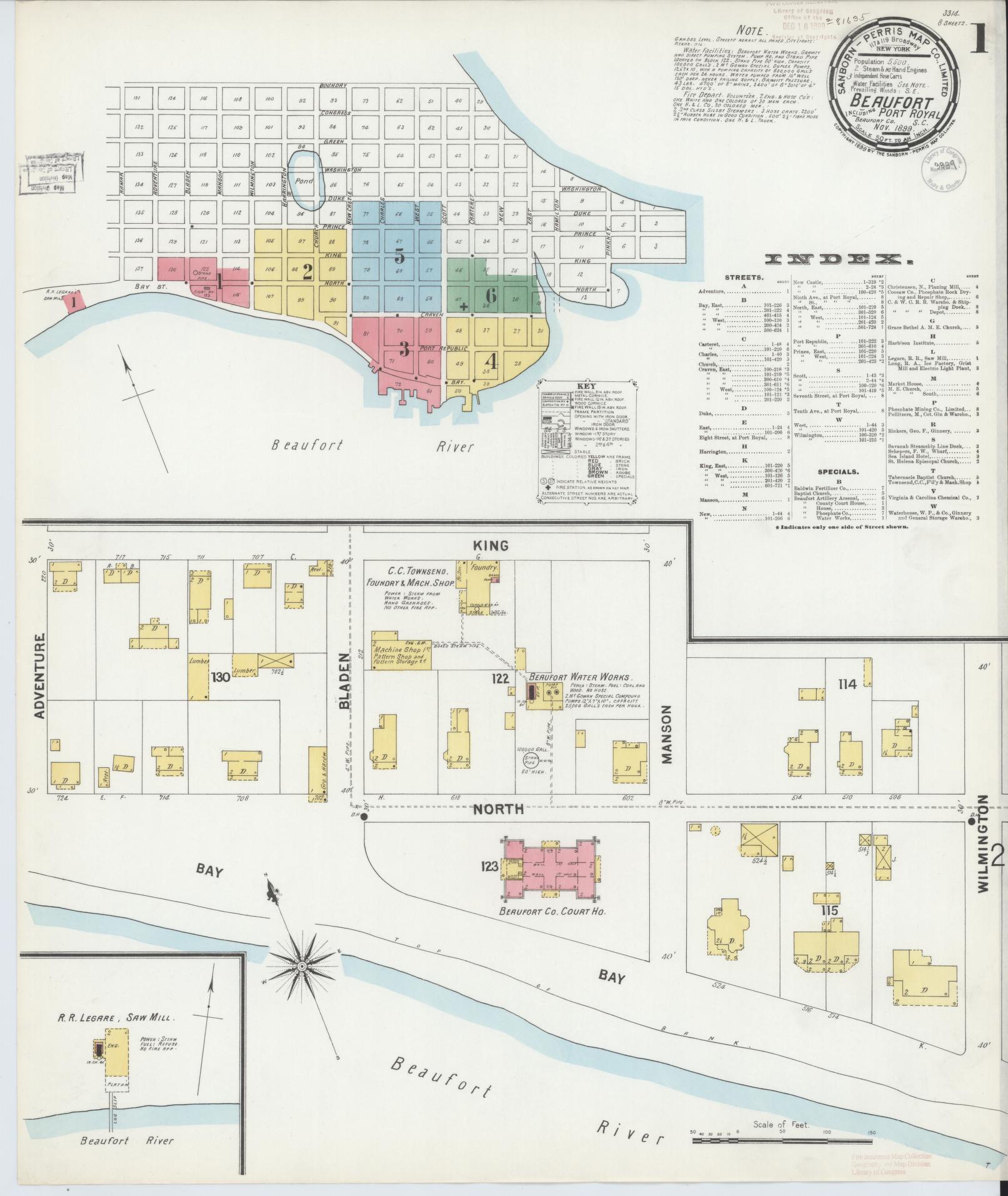 Sanborn Fire Insurance Map from Beaufort, Beaufort County, South Carolina (1899), Sheet #0001 - Historic Sanborn Fire Insurance Map Print, vintage old map wall art, antique decor, genealogy gift, South Carolina South Carolina map