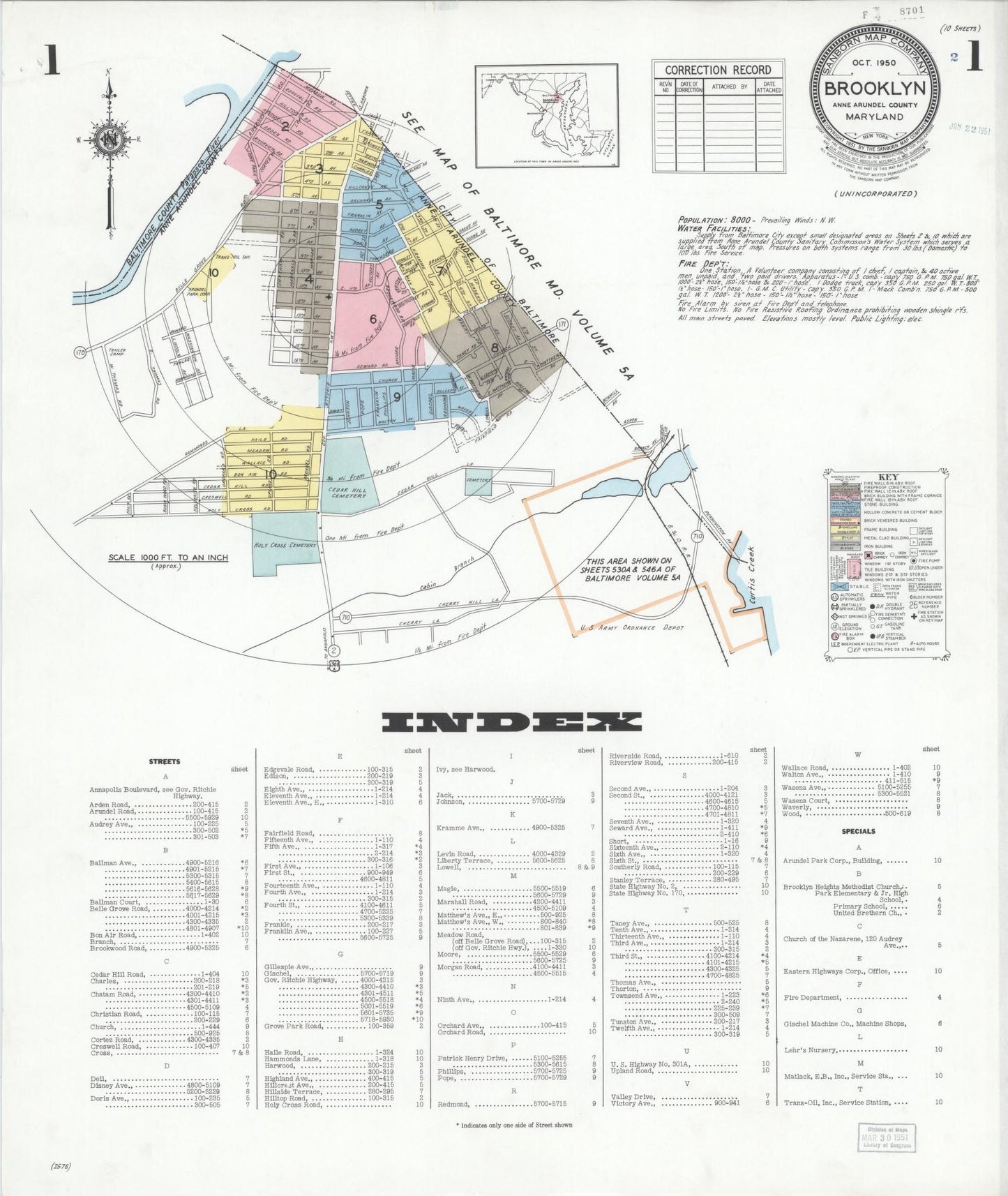 Sanborn Fire Insurance Map from Brooklyn, Anne Arundel County, Maryland (1950), Sheet #0001 - Complete Map Set gallery image, historic Sanborn map, vintage wall art, Maryland Maryland