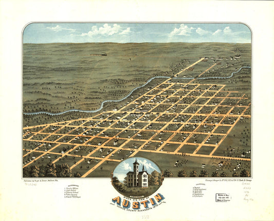 Bird's eye view of Austin, Mower County, Minnesota 1870. (1870) – Historic Bird’s-Eye View Panorama Print