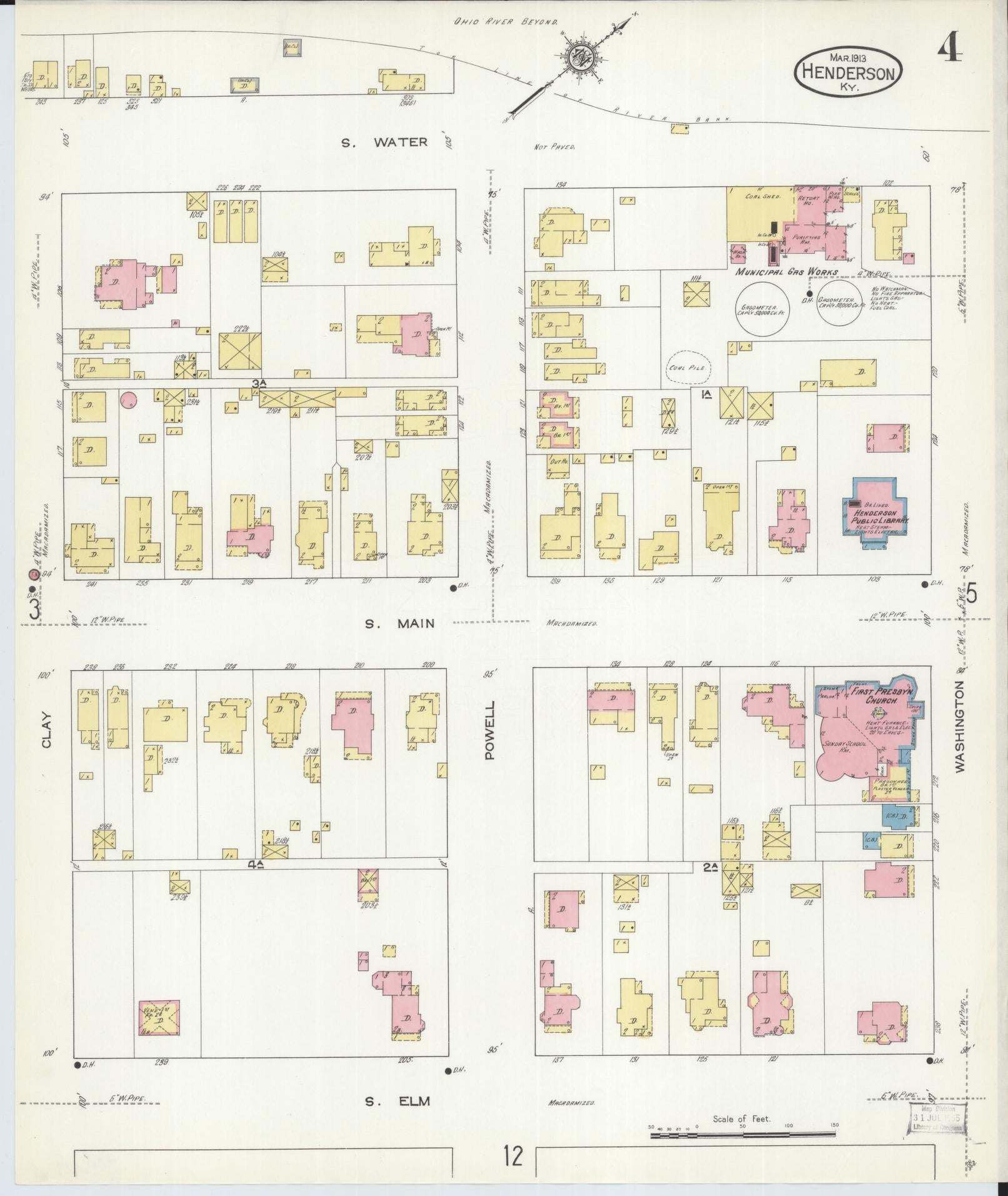 Sanborn Fire Insurance Map from Henderson, Henderson County, Kentucky (1913), Sheet #0004 - Historic Sanborn Fire Insurance Map Print, vintage old map wall art, antique decor, genealogy gift, Kentucky Kentucky map