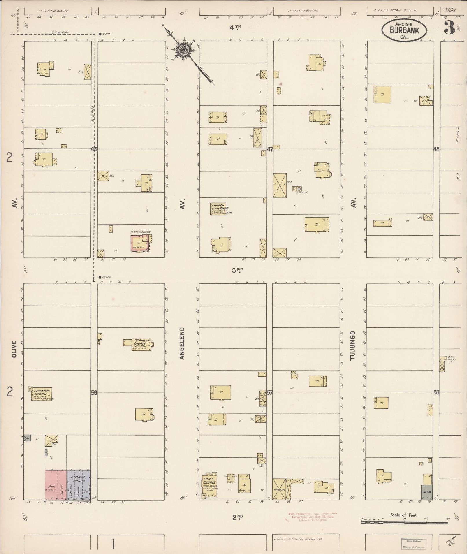 Sanborn Fire Insurance Map from Burbank, Los Angeles County, California (1910), Sheet #0003 - Historic Sanborn Fire Insurance Map Print, vintage old map wall art, antique decor, genealogy gift, California California map