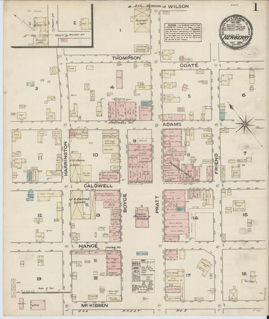 Sanborn Fire Insurance Map from Newberry, Newberry County, South Carolina (1884), Sheet #0001 - Historic Sanborn Fire Insurance Map Print, vintage old map wall art, antique decor, genealogy gift, South Carolina South Carolina map