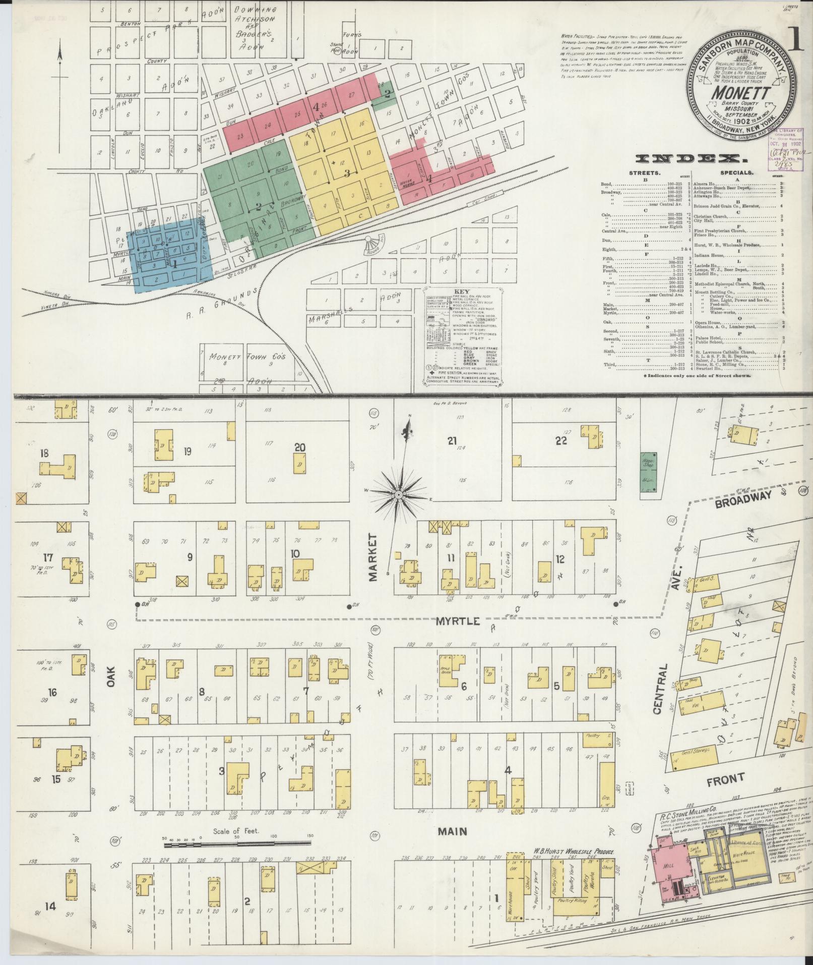 Sanborn Fire Insurance Map from Monett, Barry County, Missouri (1902), Sheet #0001 - Complete Map Set gallery image, historic Sanborn map, vintage wall art, Missouri Missouri