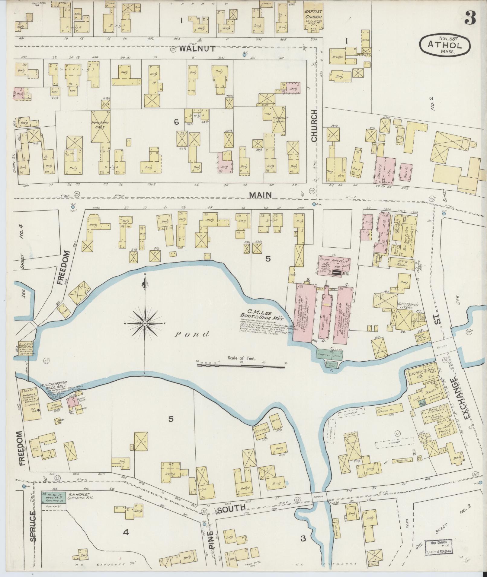 Sanborn Fire Insurance Map from Athol, Worcester County, Massachusetts (1887), Sheet #0003 - Historic Sanborn Fire Insurance Map Print, vintage old map wall art, antique decor, genealogy gift, Massachusetts Massachusetts map