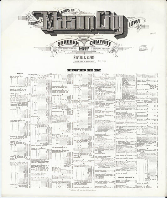 Sanborn Fire Insurance Map from Mason City, Cerro Gordo County, Iowa (1918), Sheet #0001 - Historic Sanborn Fire Insurance Map Print, vintage old map wall art