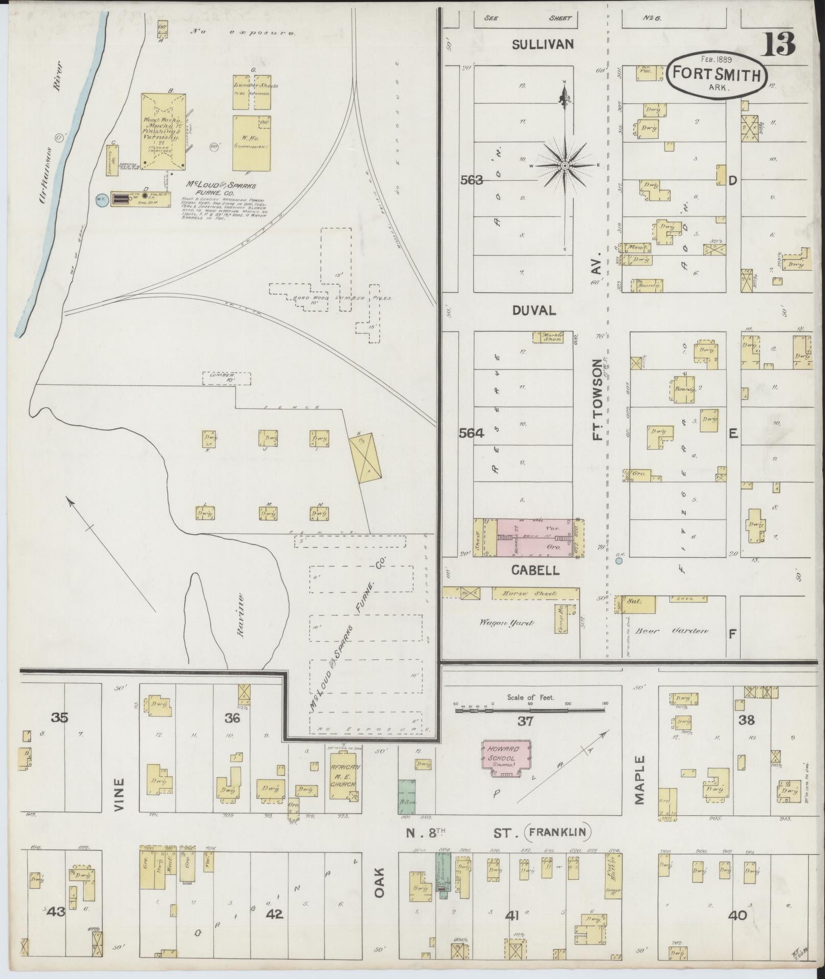 Sanborn Fire Insurance Map from Fort Smith, Sebastian County, Arkansas (1889), Sheet #0013 - Historic Sanborn Fire Insurance Map Print, vintage old map wall art, antique decor, genealogy gift, Arkansas Arkansas map