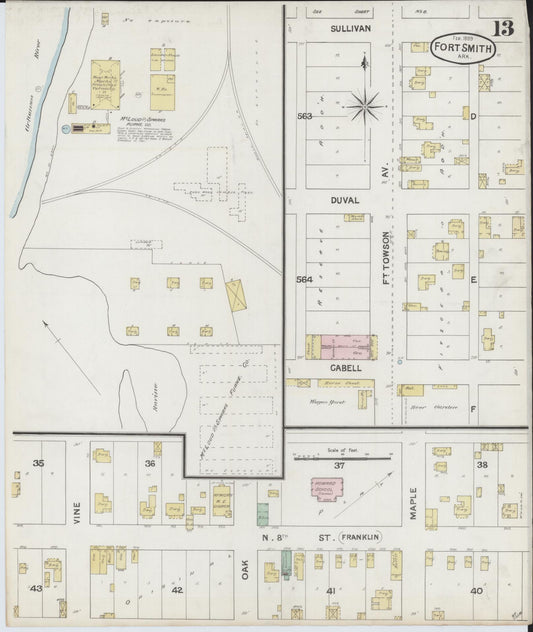 Sanborn Fire Insurance Map from Fort Smith, Sebastian County, Arkansas (1889), Sheet #0013 - Historic Sanborn Fire Insurance Map Print, vintage old map wall art, antique decor, genealogy gift, Arkansas Arkansas map