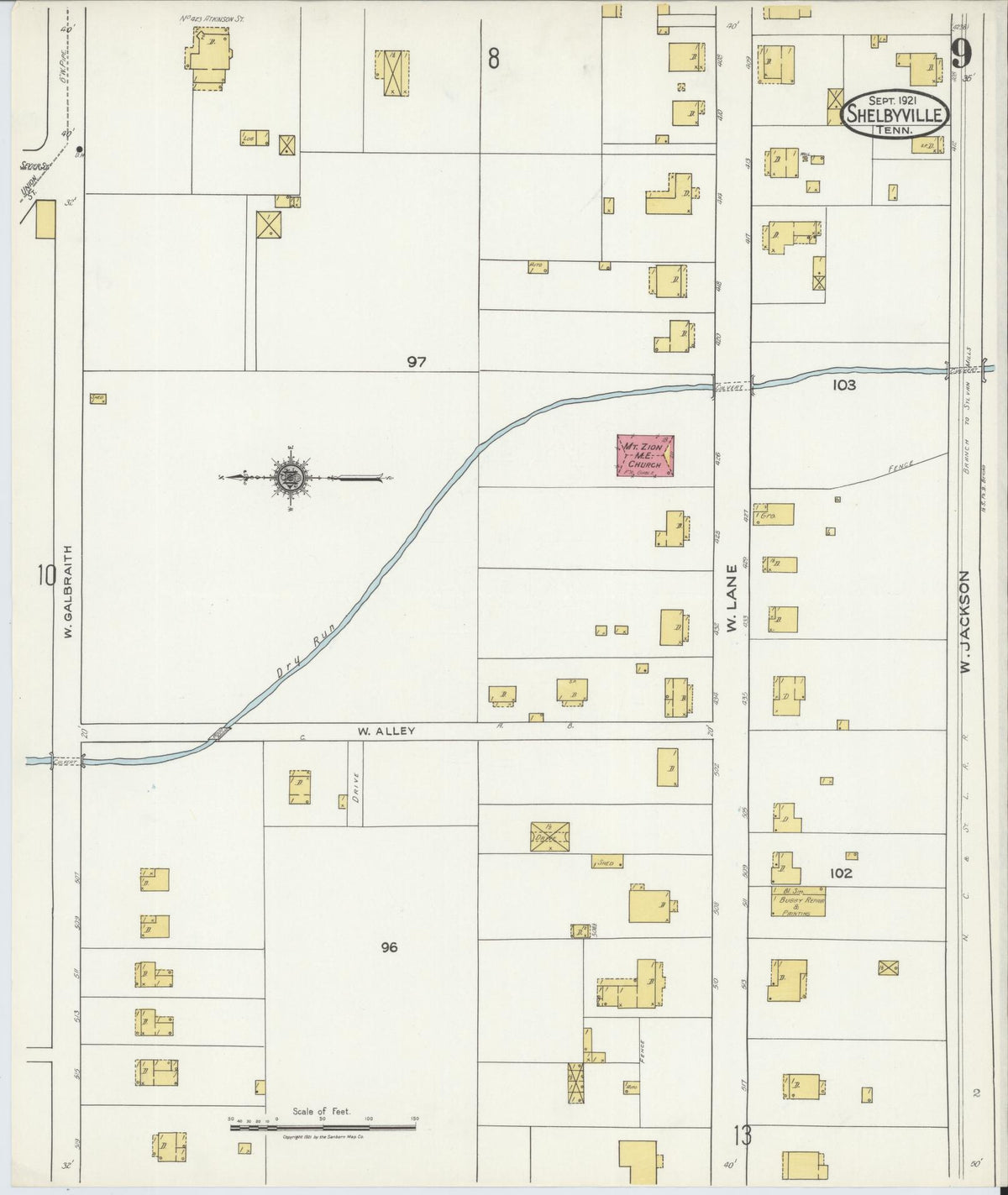 Sanborn Fire Insurance Map from Shelbyville, Bedford County, Tennessee (1921), Sheet #0009 - Complete Map Set gallery image, historic Sanborn map, vintage wall art, Tennessee Tennessee