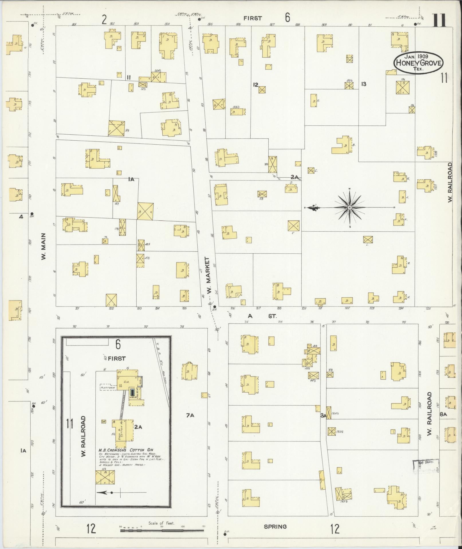Sanborn Fire Insurance Map from Honey Grove, Fannin County, Texas (1909), Sheet #0011 - Complete Map Set gallery image, historic Sanborn map, vintage wall art, Texas Texas