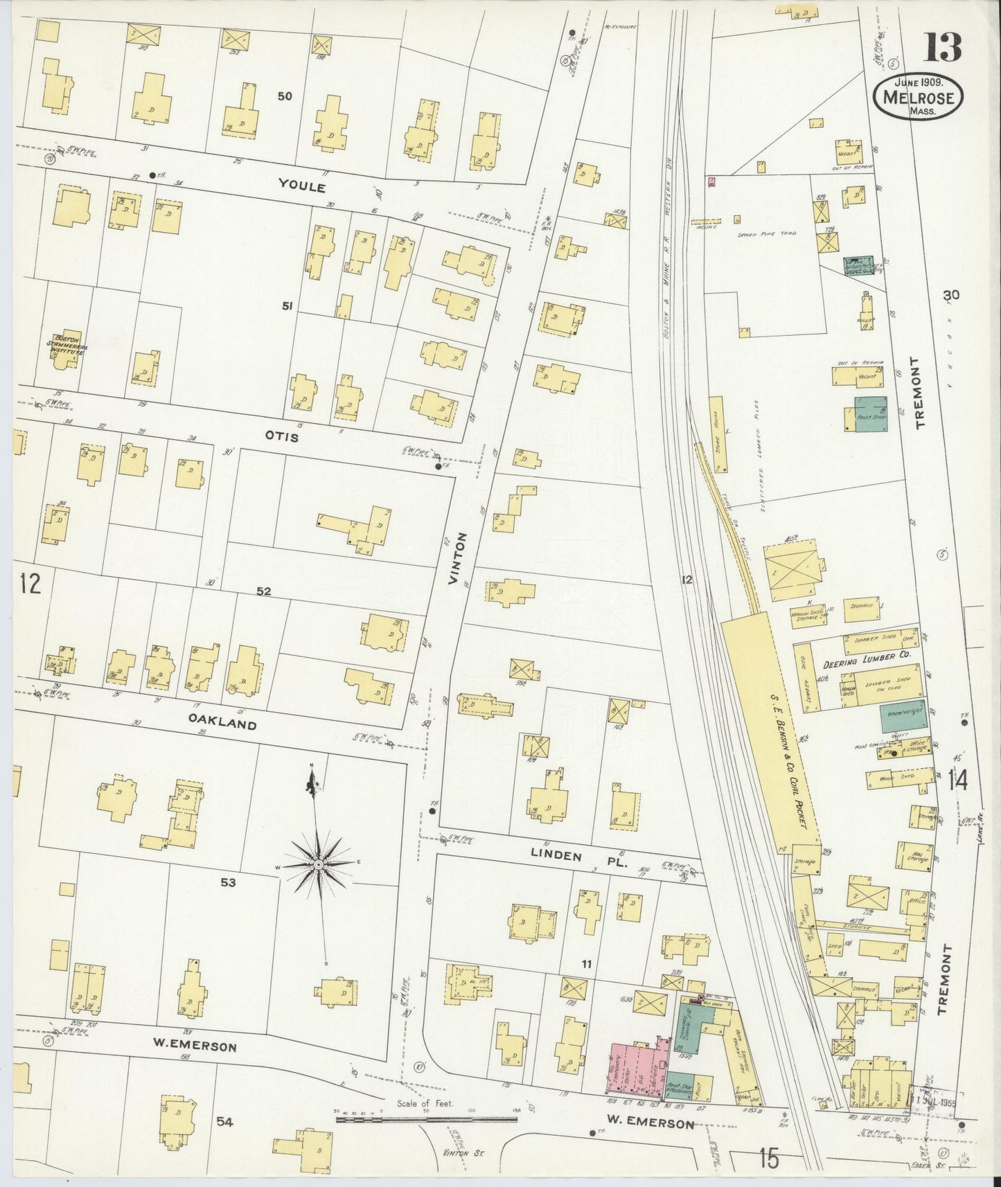 Sanborn Fire Insurance Map from Melrose, Middlesex County, Massachusetts (1909), Sheet #0013 - Historic Sanborn Fire Insurance Map Print, vintage old map wall art, antique decor, genealogy gift, Massachusetts Massachusetts map