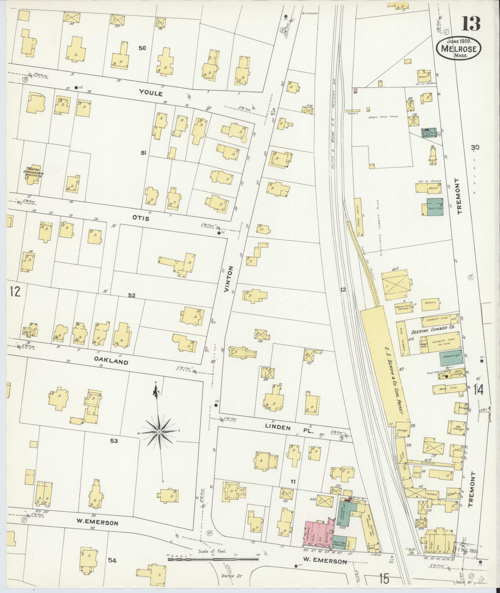 Sanborn Fire Insurance Map from Melrose, Middlesex County, Massachusetts (1909), Sheet #0013 - Historic Sanborn Fire Insurance Map Print, vintage old map wall art, antique decor, genealogy gift, Massachusetts Massachusetts map