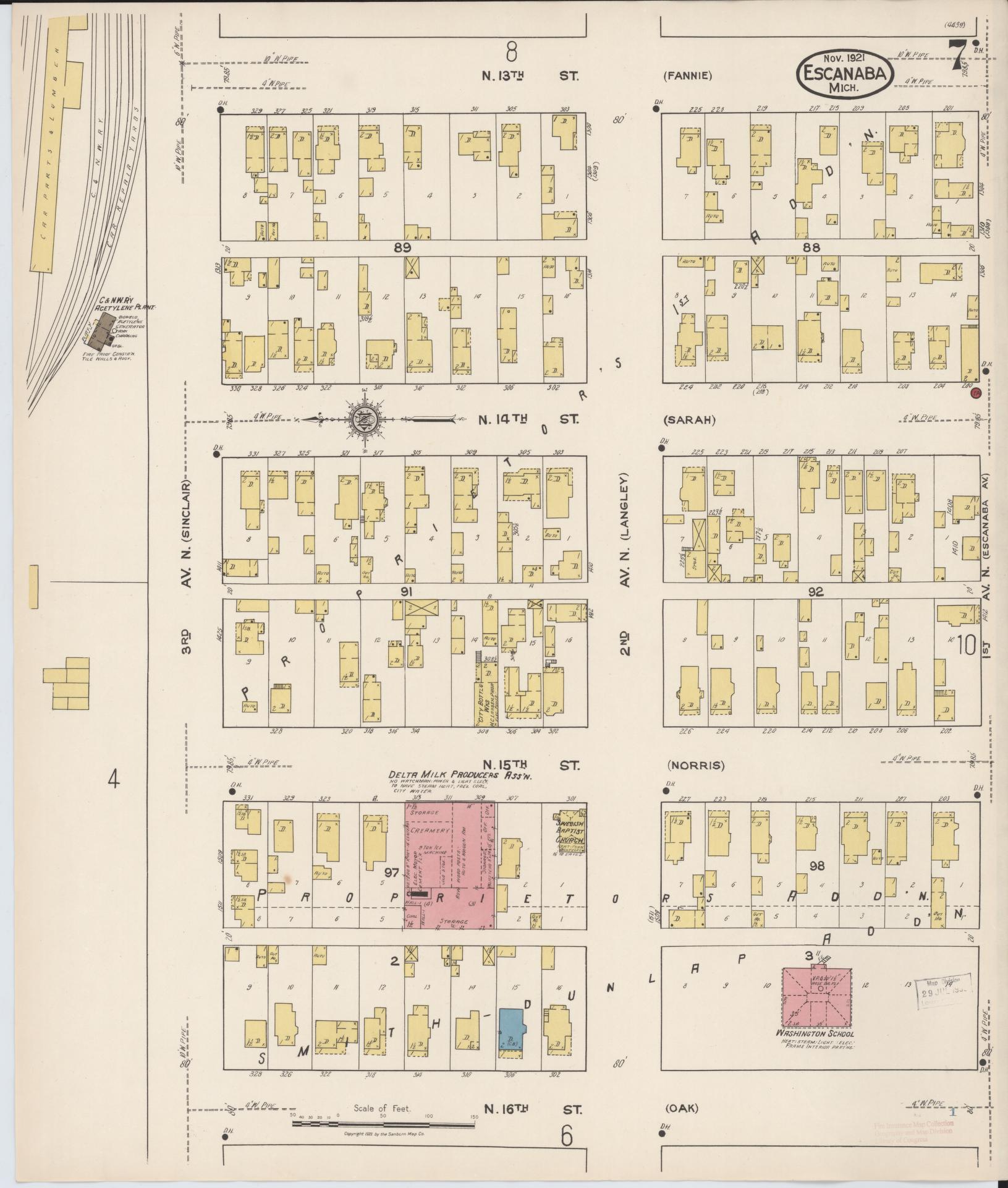 Sanborn Fire Insurance Map from Escanaba, Delta County, Michigan (1921), Sheet #0007 - Historic Sanborn Fire Insurance Map Print, vintage old map wall art, antique decor, genealogy gift, Michigan Michigan map