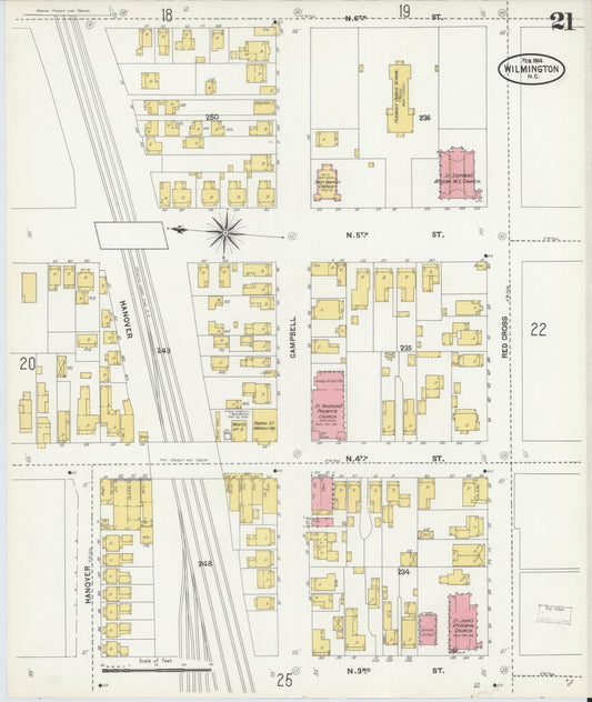 Sanborn Fire Insurance Map from Wilmington, New Hanover County, North Carolina (1904), Sheet #0021 - Historic Sanborn Fire Insurance Map Print, vintage old map wall art, antique decor, genealogy gift, North Carolina North Carolina map