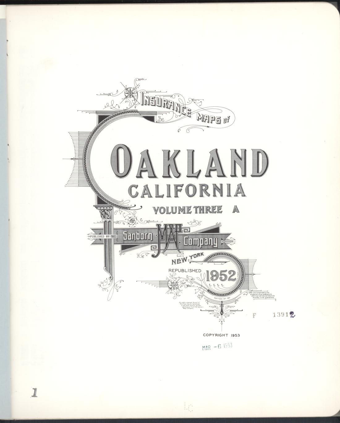 Sanborn Fire Insurance Map from Oakland, Alameda County, California (1952), Sheet #0001 - Complete Map Set gallery image, historic Sanborn map, vintage wall art, California California