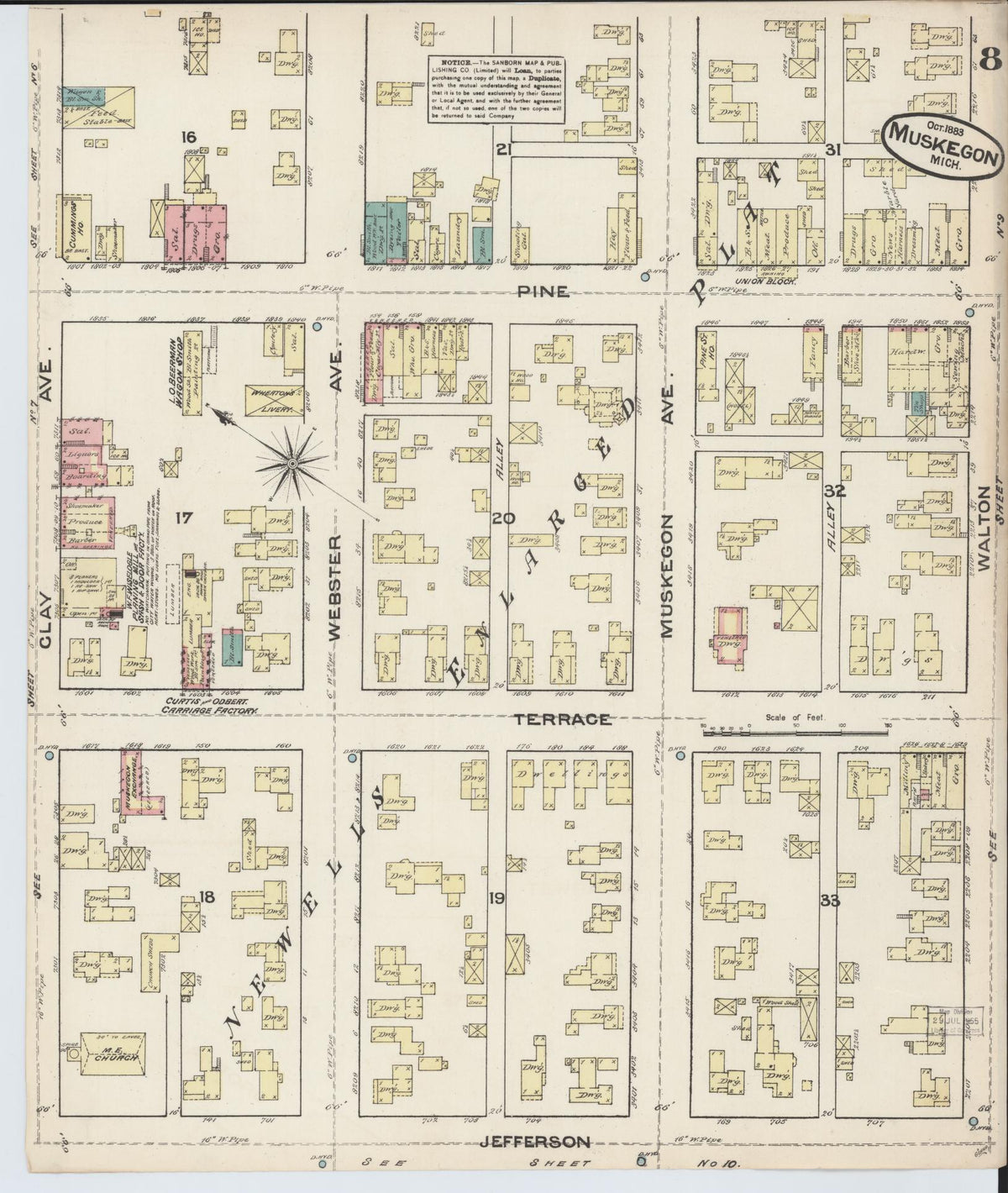 Sanborn Fire Insurance Map from Muskegon, Muskegon County, Michigan (1883), Sheet #0008 - Historic Sanborn Fire Insurance Map Print, vintage old map wall art, antique decor, genealogy gift, Michigan Michigan map