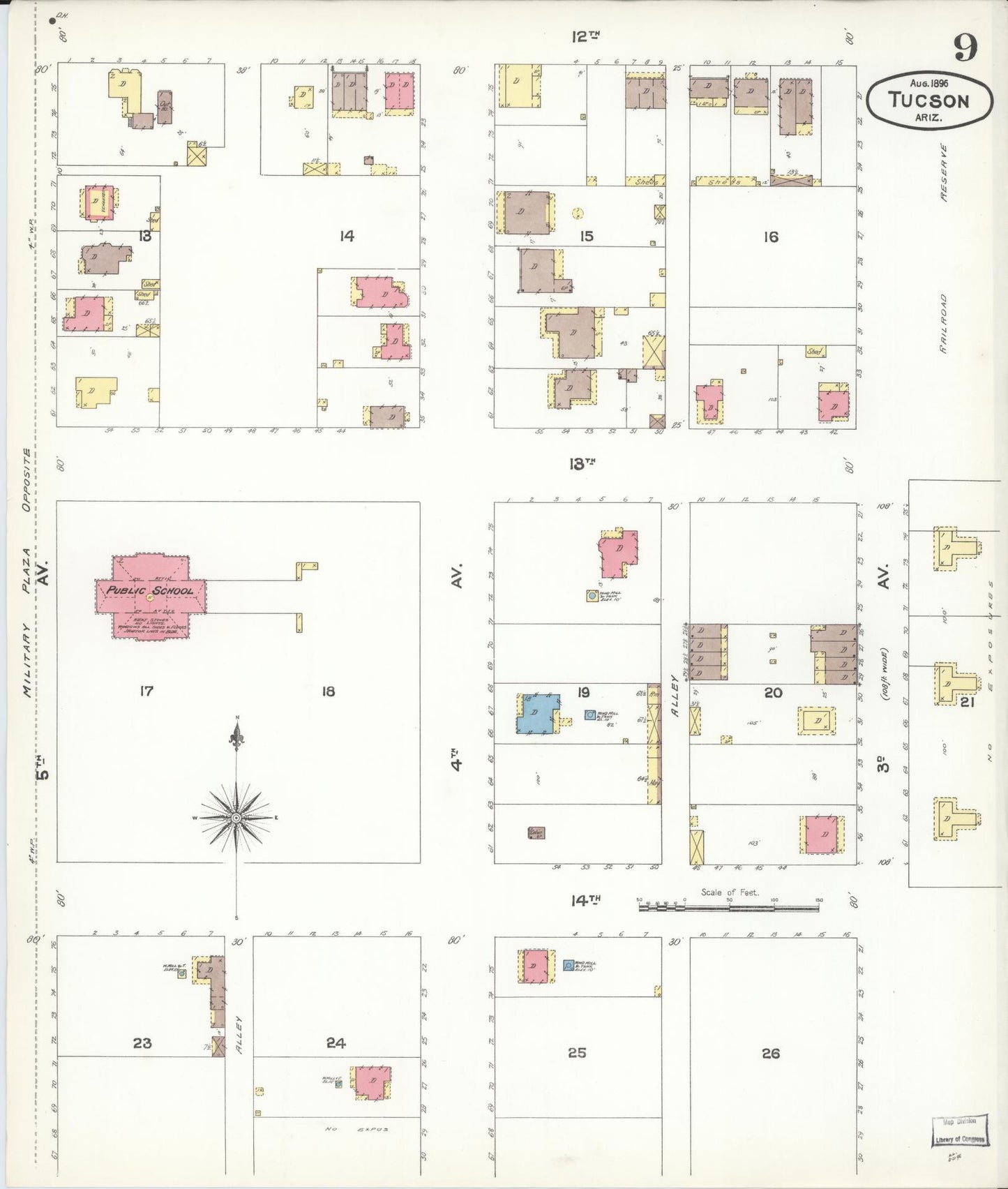 Sanborn Fire Insurance Map from Tucson, Pima County, Arizona (1896), Sheet #0009 - Complete Map Set gallery image, historic Sanborn map, vintage wall art, Arizona Arizona
