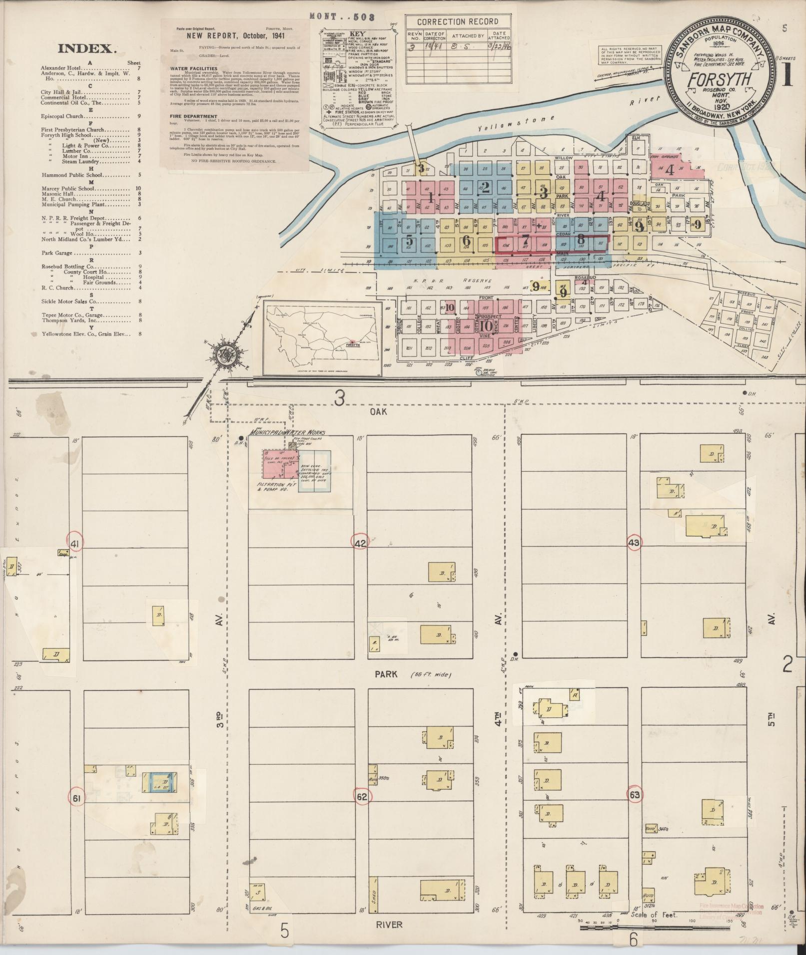 Sanborn Fire Insurance Map from Forsyth, Rosebud County, Montana (1941), Sheet #0001 - Historic Sanborn Fire Insurance Map Print, vintage old map wall art, antique decor, genealogy gift, Montana Montana map