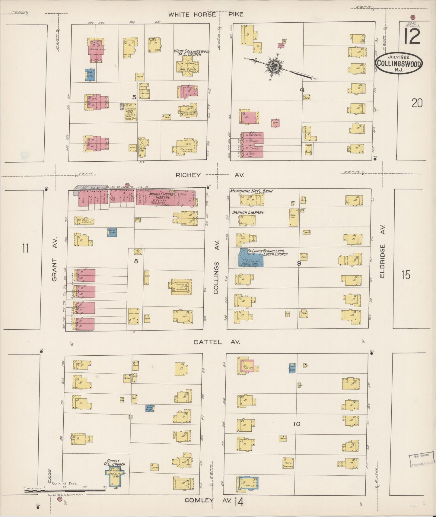 Sanborn Fire Insurance Map from Collingswood, Camden County, New Jersey (1922), Sheet #0012 - Historic Sanborn Fire Insurance Map Print, vintage old map wall art, antique decor, genealogy gift, New Jersey New Jersey map