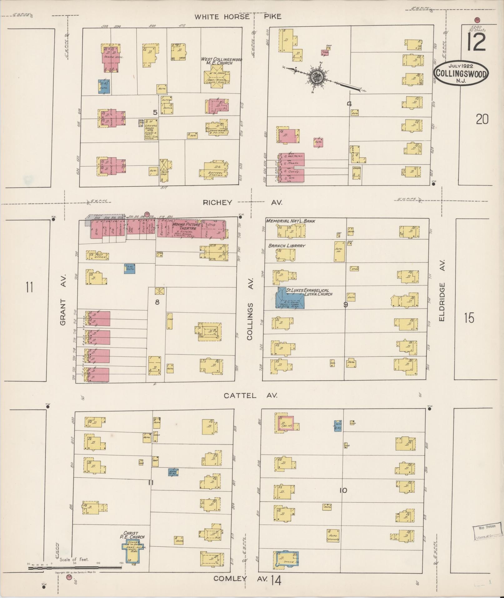 Sanborn Fire Insurance Map from Collingswood, Camden County, New Jersey (1922), Sheet #0012 - Historic Sanborn Fire Insurance Map Print, vintage old map wall art, antique decor, genealogy gift, New Jersey New Jersey map