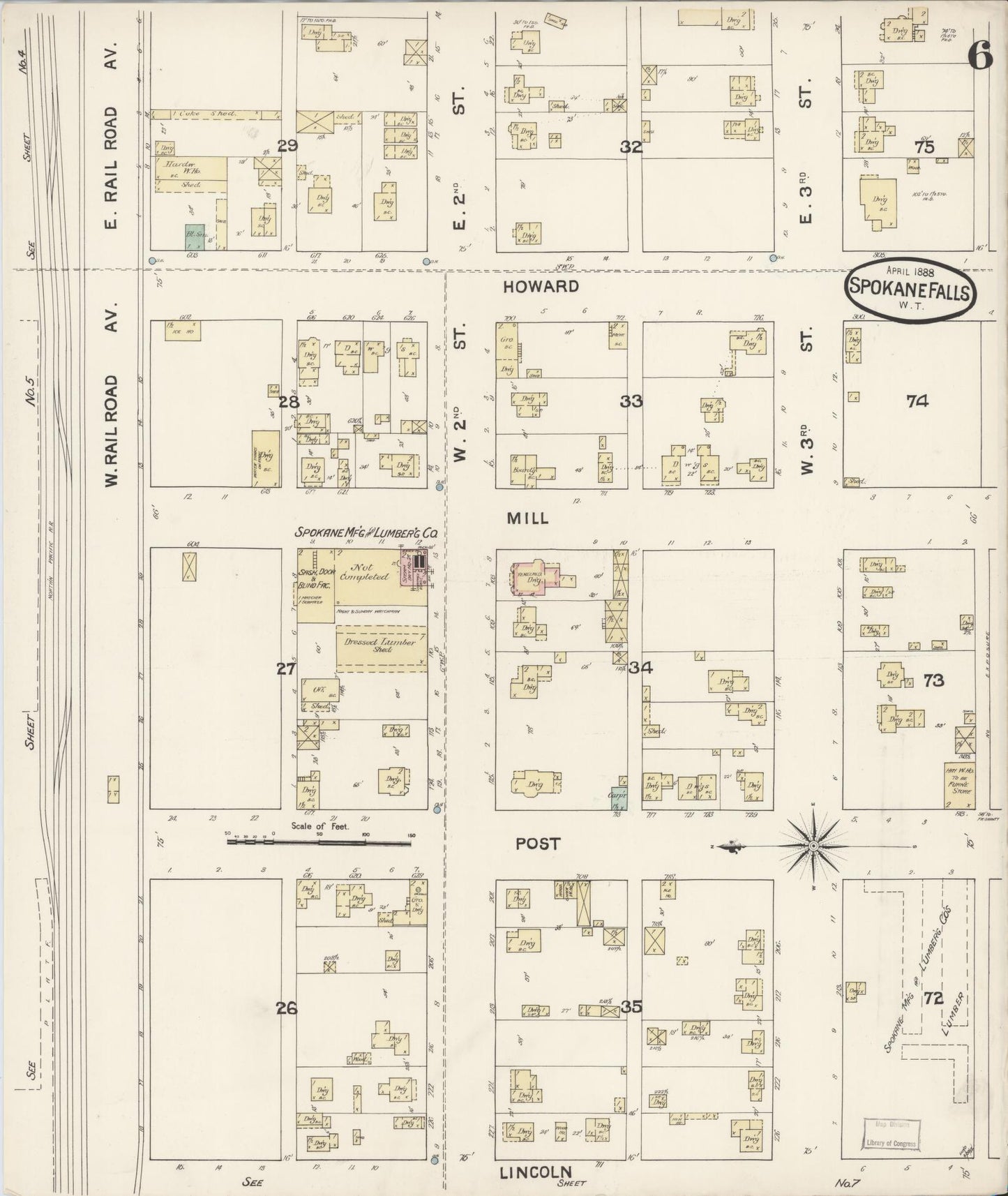 Sanborn Fire Insurance Map from Spokane, Spokane County, Washington (1888), Sheet #0006 - Complete Map Set gallery image, historic Sanborn map, vintage wall art, Washington Washington