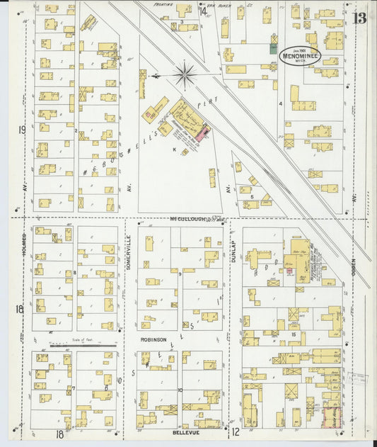 Sanborn Fire Insurance Map from Menominee, Menominee County, Michigan (1901), Sheet #0013 - Historic Sanborn Fire Insurance Map Print, vintage old map wall art, antique decor, genealogy gift, Michigan Michigan map