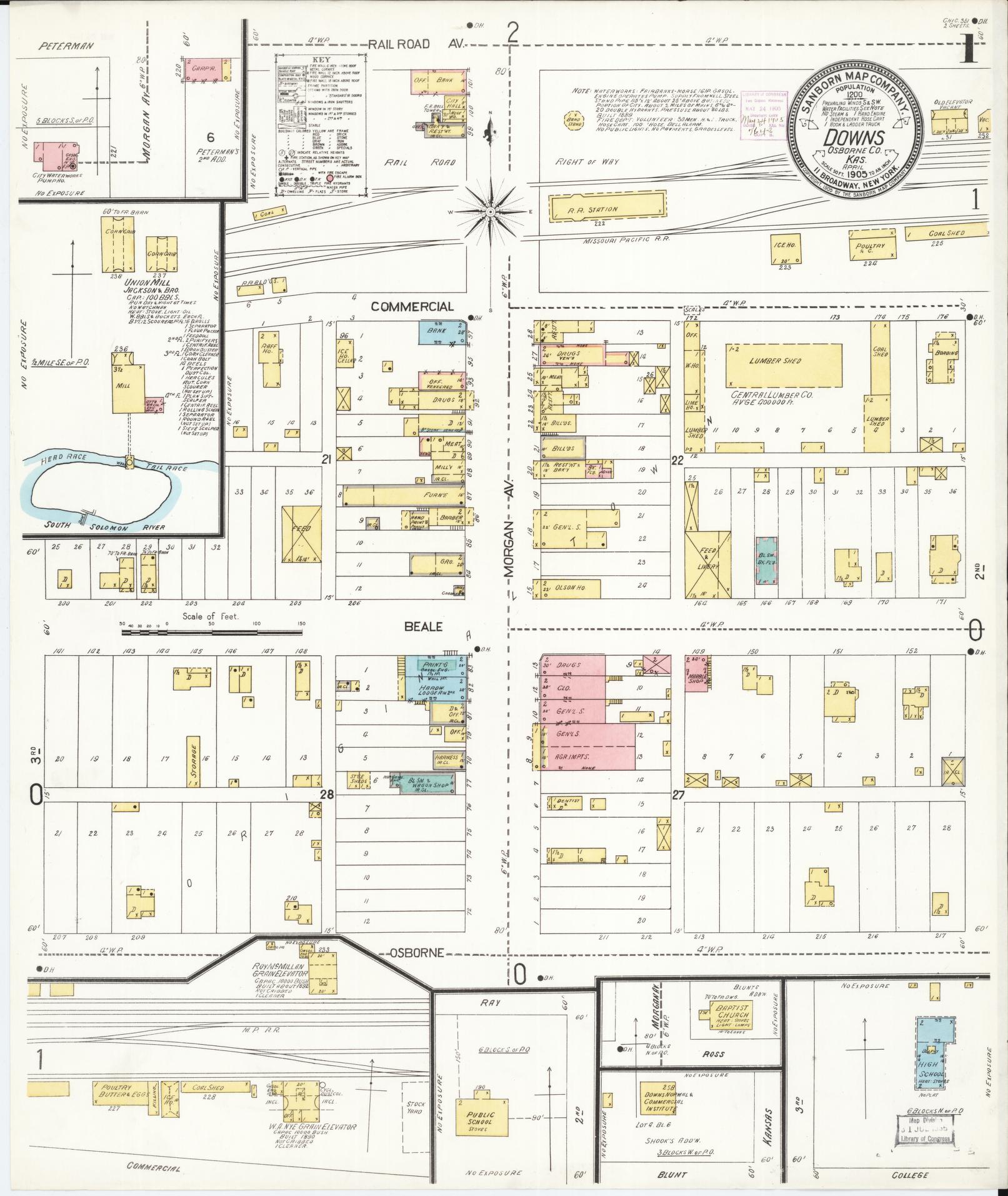 Sanborn Fire Insurance Map from Downs, Osborne County, Kansas (1905), Sheet #0001 - Historic Sanborn Fire Insurance Map Print, vintage old map wall art, antique decor, genealogy gift, Kansas Kansas map