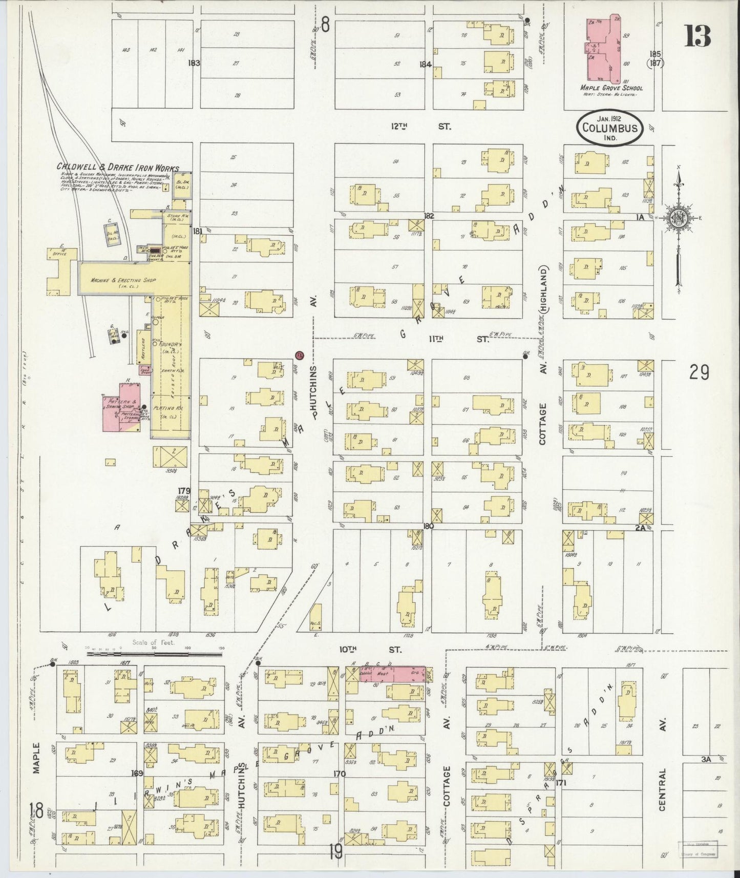 Sanborn Fire Insurance Map from Columbus, Bartholomew County, Indiana (1912), Sheet #0013 - Historic Sanborn Fire Insurance Map Print, vintage old map wall art, antique decor, genealogy gift, Indiana Indiana map