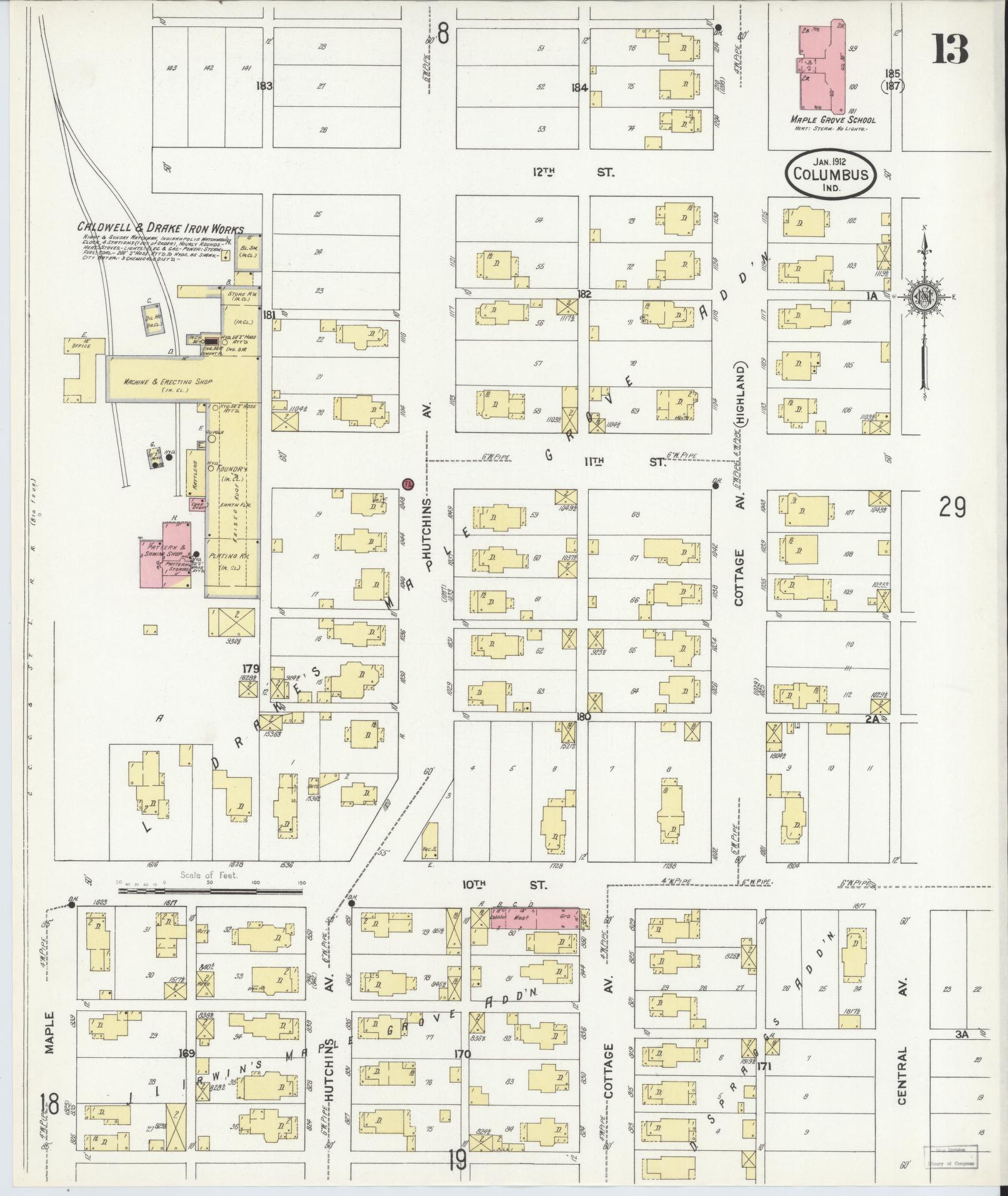 Sanborn Fire Insurance Map from Columbus, Bartholomew County, Indiana (1912), Sheet #0013 - Historic Sanborn Fire Insurance Map Print, vintage old map wall art, antique decor, genealogy gift, Indiana Indiana map