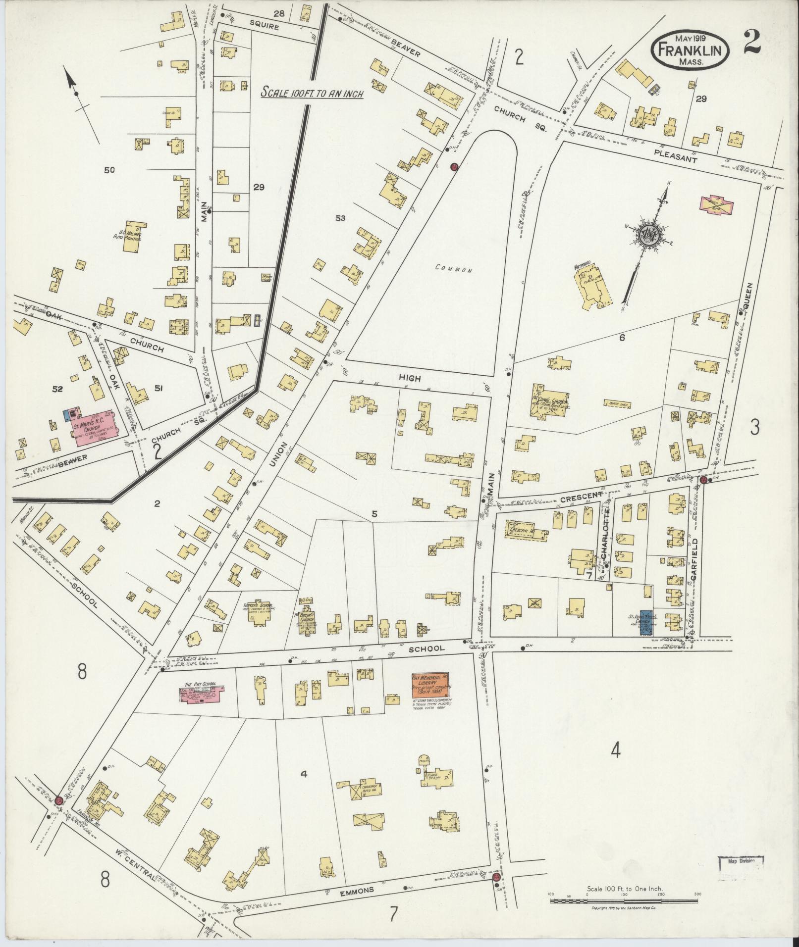 Sanborn Fire Insurance Map from Franklin, Norfolk County, Massachusetts (1919), Sheet #0002 - Complete Map Set gallery image, historic Sanborn map, vintage wall art, Massachusetts Massachusetts
