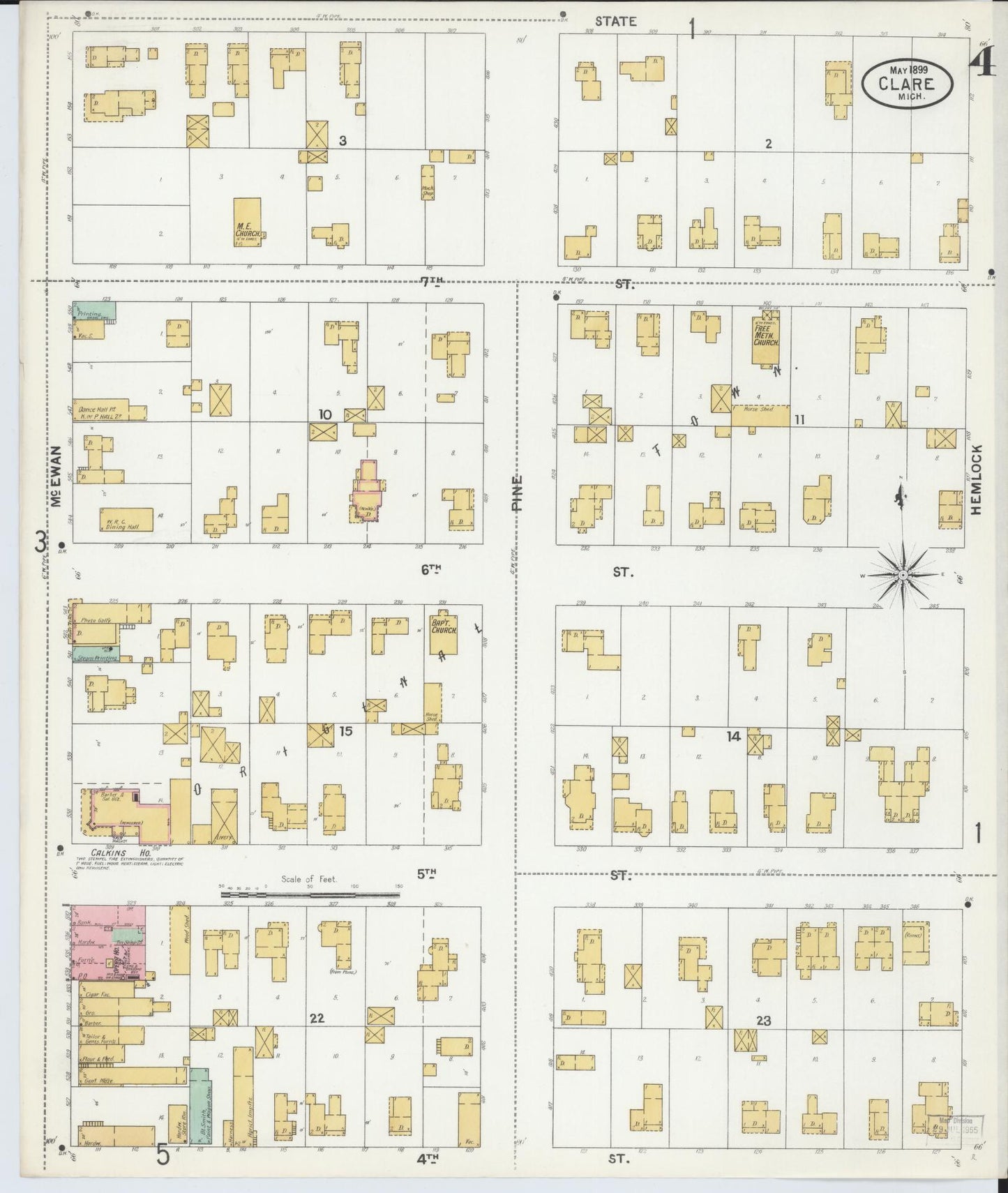 Sanborn Fire Insurance Map from Clare, Clare County, Michigan (1899), Sheet #0004 - Historic Sanborn Fire Insurance Map Print, vintage old map wall art, antique decor, genealogy gift, Michigan Michigan map