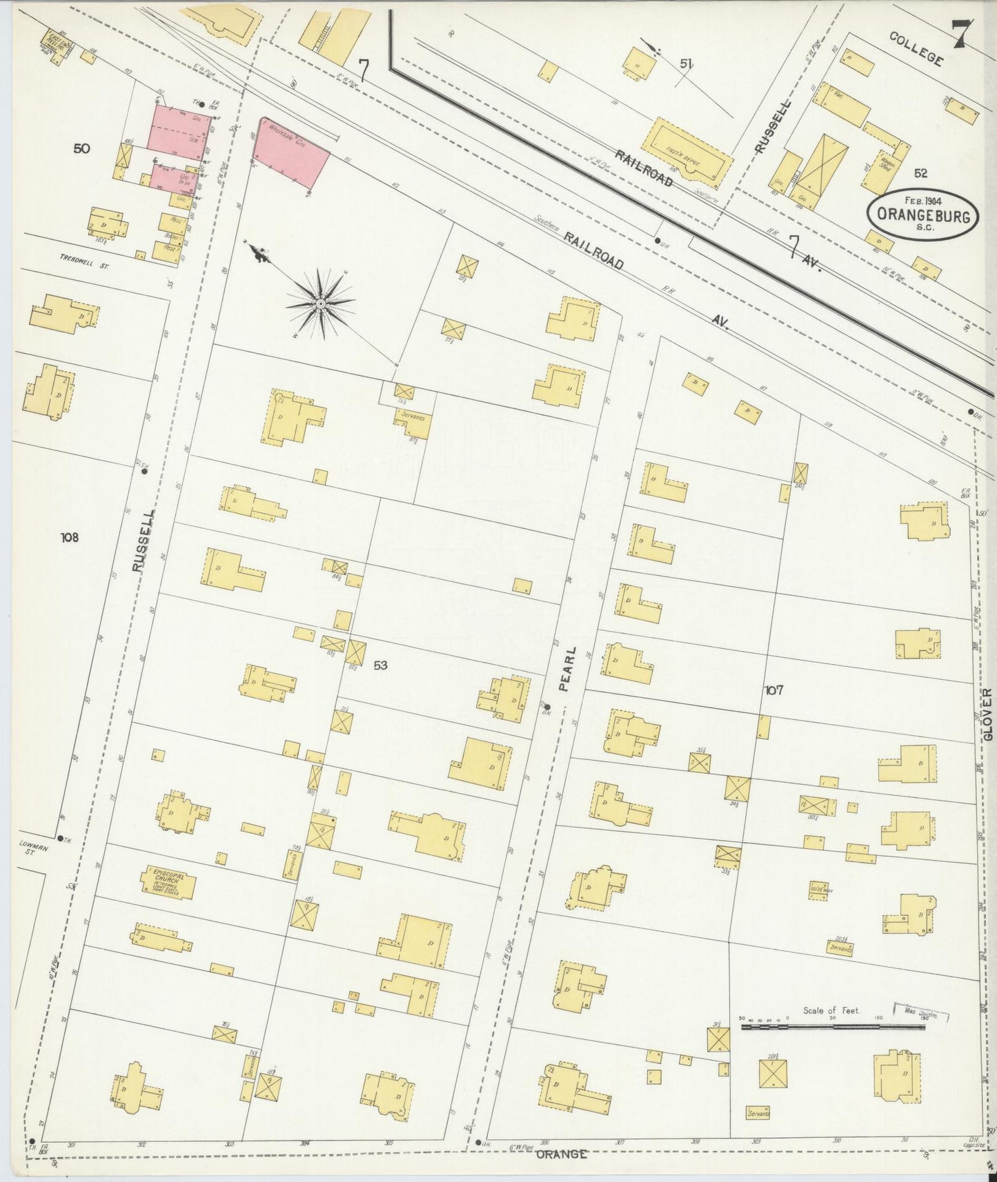 Sanborn Fire Insurance Map from Orangeburg, Orangeburg County, South Carolina (1904), Sheet #0007 - Historic Sanborn Fire Insurance Map Print, vintage old map wall art, antique decor, genealogy gift, South Carolina South Carolina map