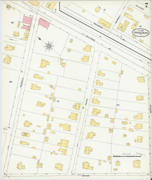 Sanborn Fire Insurance Map from Orangeburg, Orangeburg County, South Carolina (1904), Sheet #0007 - Historic Sanborn Fire Insurance Map Print, vintage old map wall art, antique decor, genealogy gift, South Carolina South Carolina map