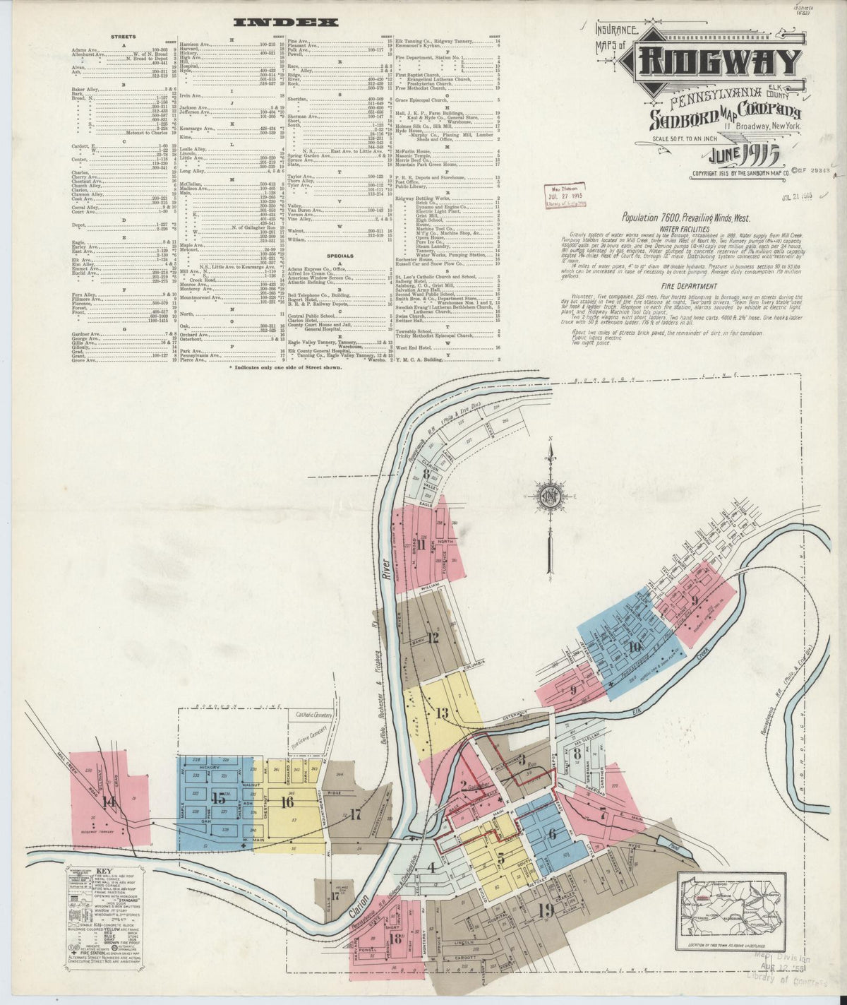 Sanborn Fire Insurance Map from Ridgway, Elk County, Pennsylvania (1915), Sheet #0001 - Historic Sanborn Fire Insurance Map Print, vintage old map wall art, antique decor, genealogy gift, Pennsylvania Pennsylvania map