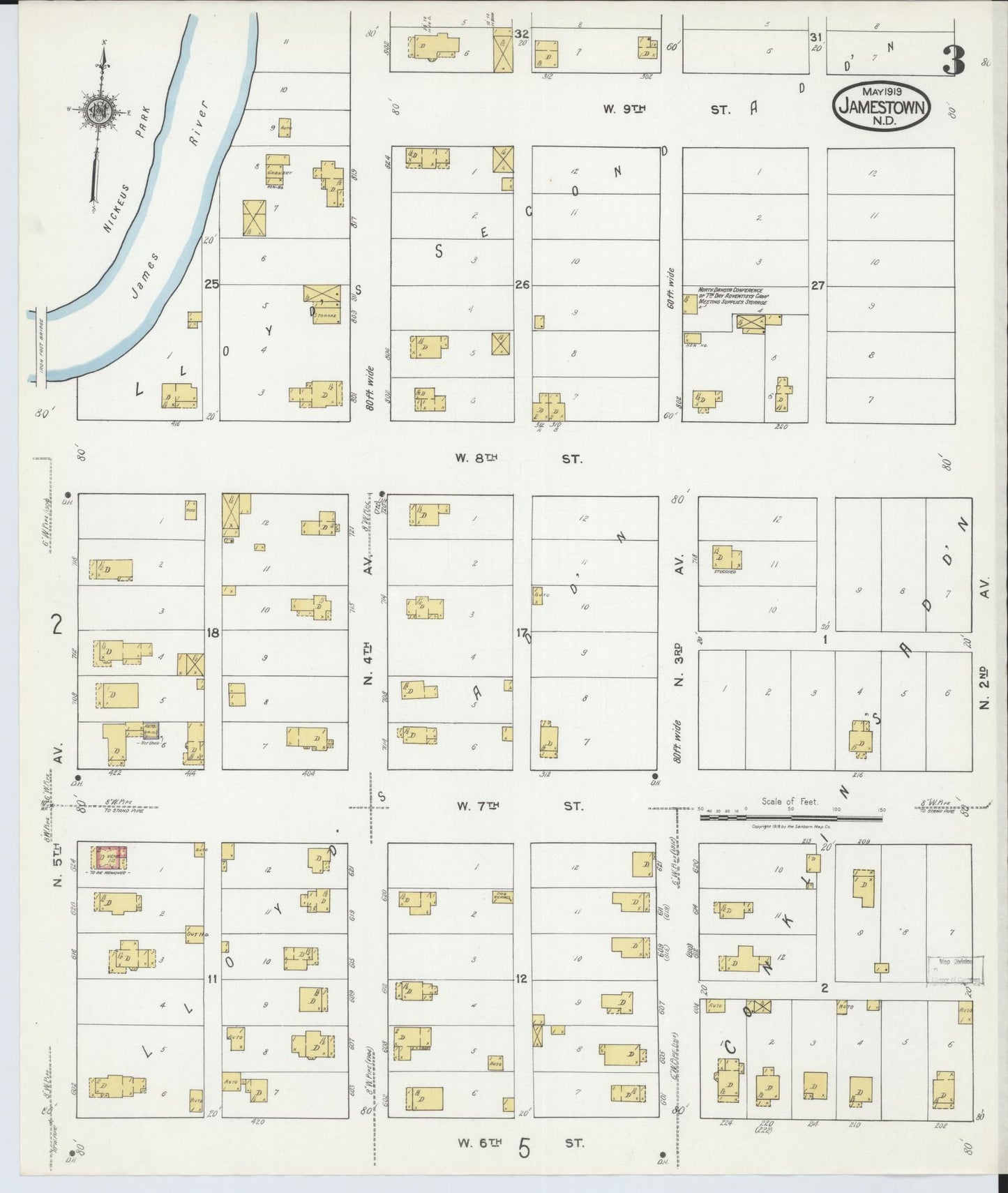 Sanborn Fire Insurance Map from Jamestown, Stutsman County, North Dakota (1919), Sheet #0003 - Complete Map Set gallery image, historic Sanborn map, vintage wall art, North Dakota North Dakota