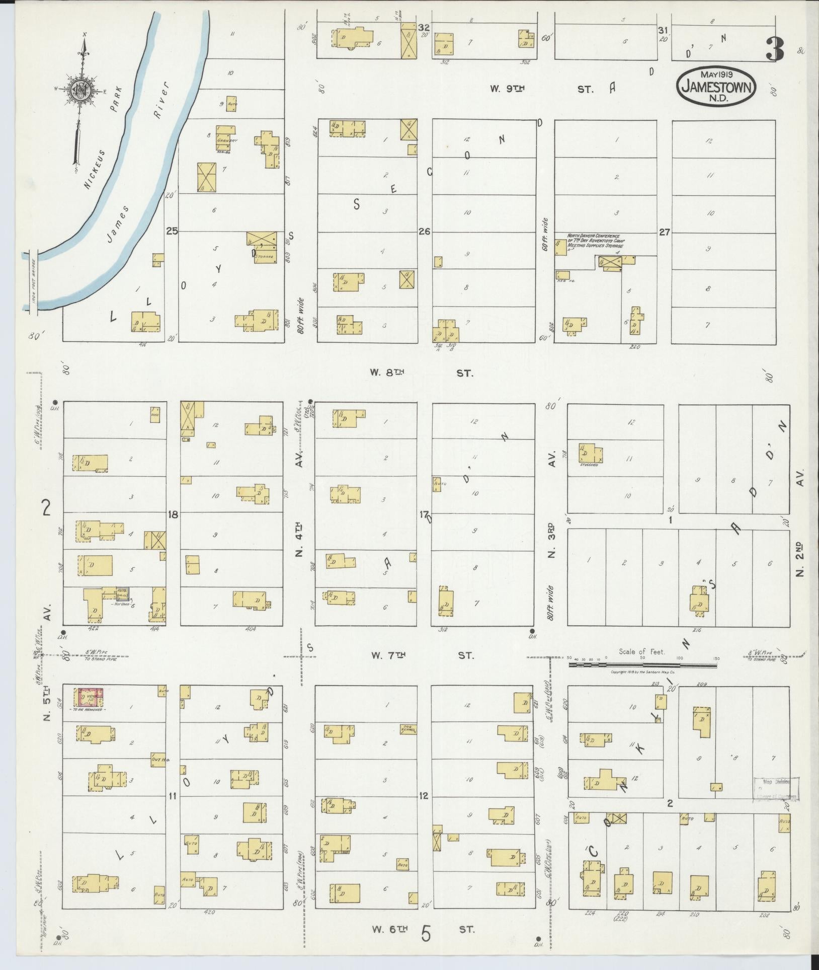 Sanborn Fire Insurance Map from Jamestown, Stutsman County, North Dakota (1919), Sheet #0003 - Complete Map Set gallery image, historic Sanborn map, vintage wall art, North Dakota North Dakota
