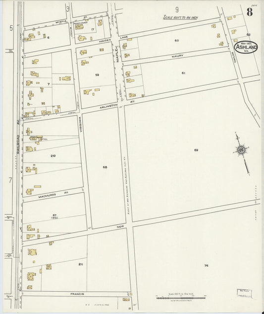 Sanborn Fire Insurance Map from Ashland, Hanover County, Virginia (1921), Sheet #0008 - Historic Sanborn Fire Insurance Map Print, vintage old map wall art, antique decor, genealogy gift, Virginia Virginia map